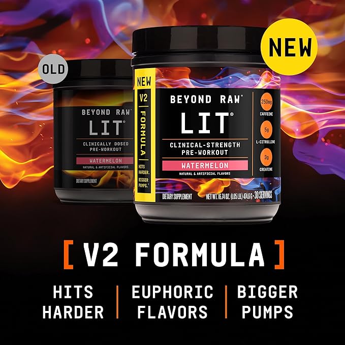 BEYOND RAW LIT V2 Clinical Strength Pre Workout Powder, Hits Harder, Bigger Pumps, Caffeine, L-Citrulline, Creatine, Watermelon, 30 Servings