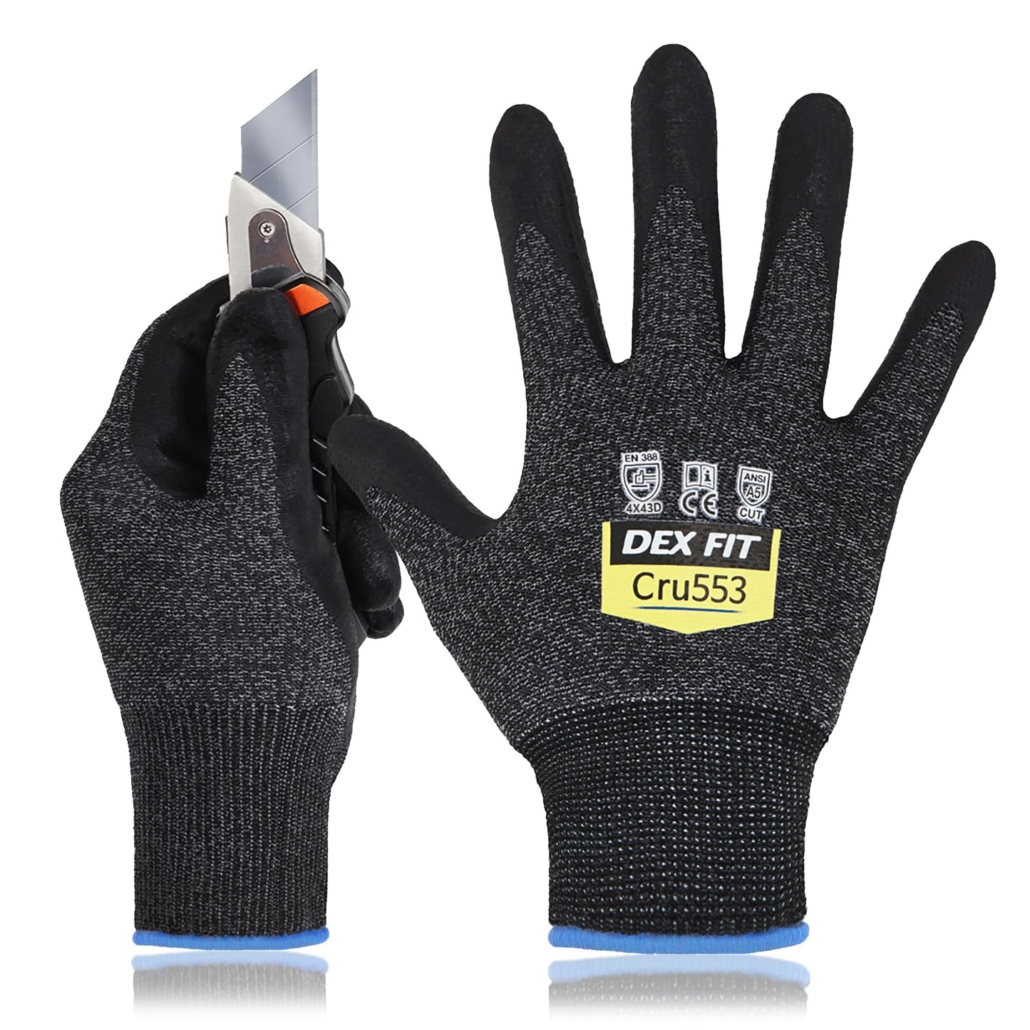 DEX FIT Level 5 Cut Resistant Gloves Cru553, 3D-Comfort Stretchy Fit, Power Grip, Professional Grade, Thin, Touch-Screen Compatible, Durable, Machine Washable; Black Gray L (9) 12 Pairs