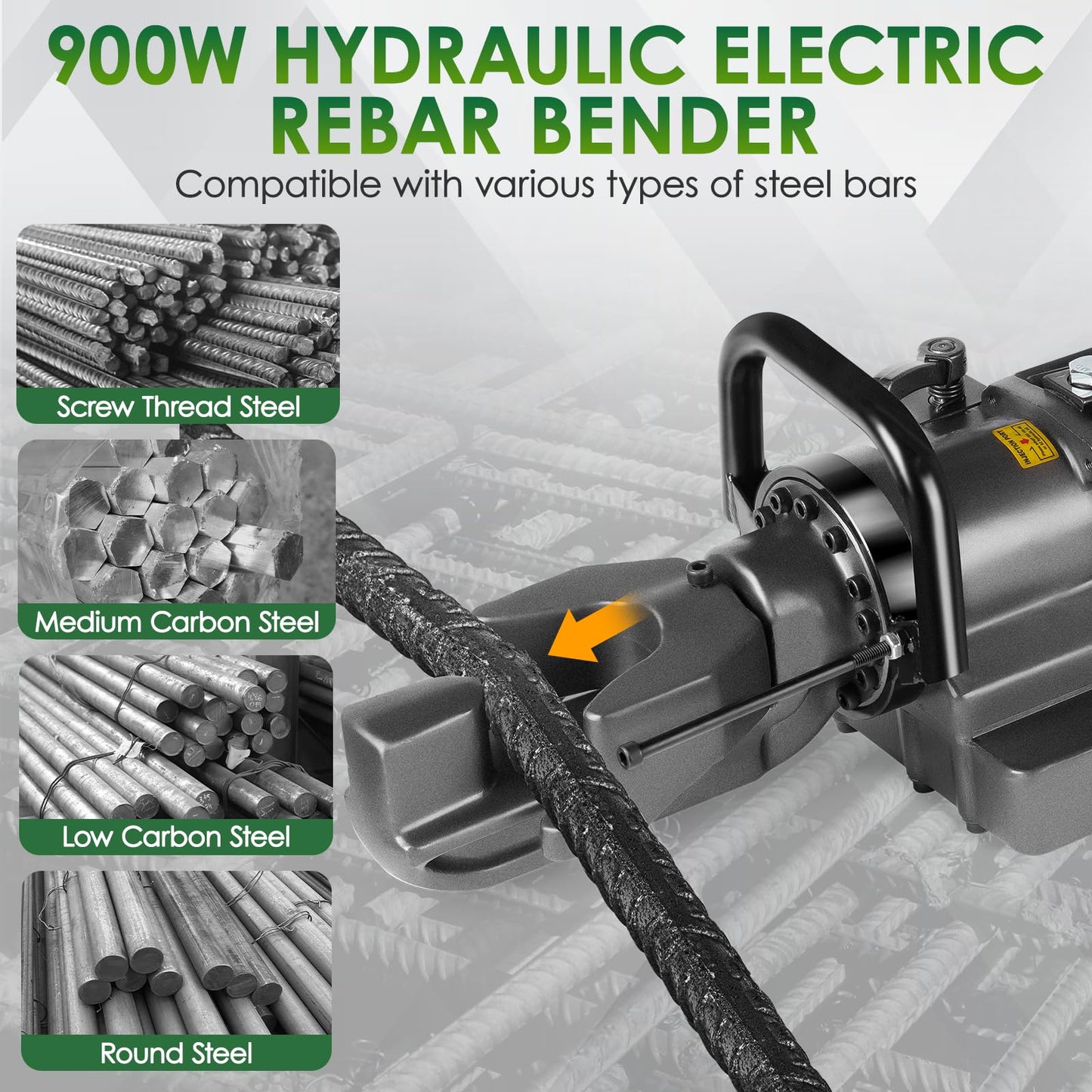 YIXBIZHU 900W Hydraulic Rebar Bender, 2s Fast Bends for #3–#5 (6–16mm), 0–130°Adjustable Angle, Aviation Aluminum Body, Compact 110V Electric Tool for Construction & Jobsite Use(ZB-16)