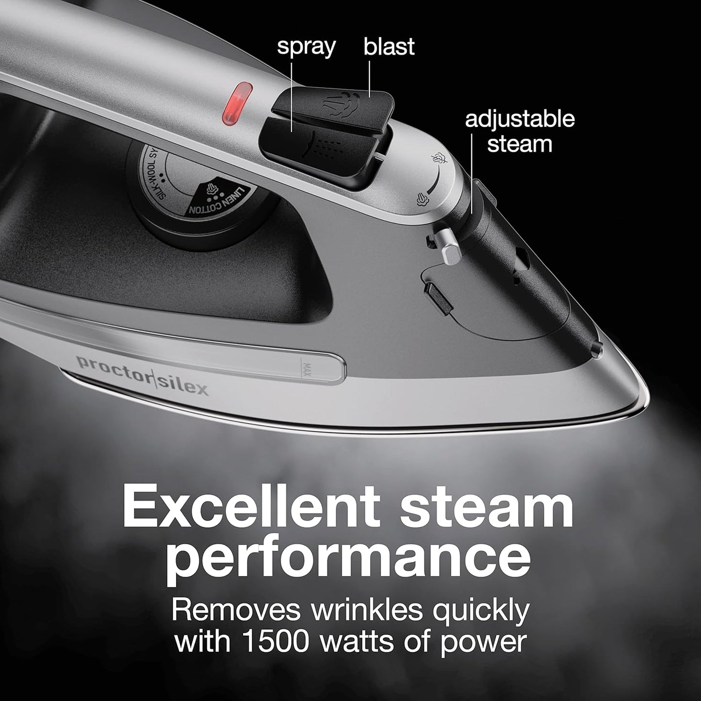 Proctor Silex Steam Iron - 1500 Watts Durable Stainless Steel Soleplate | 8' Retractable Cord, Gray & Black