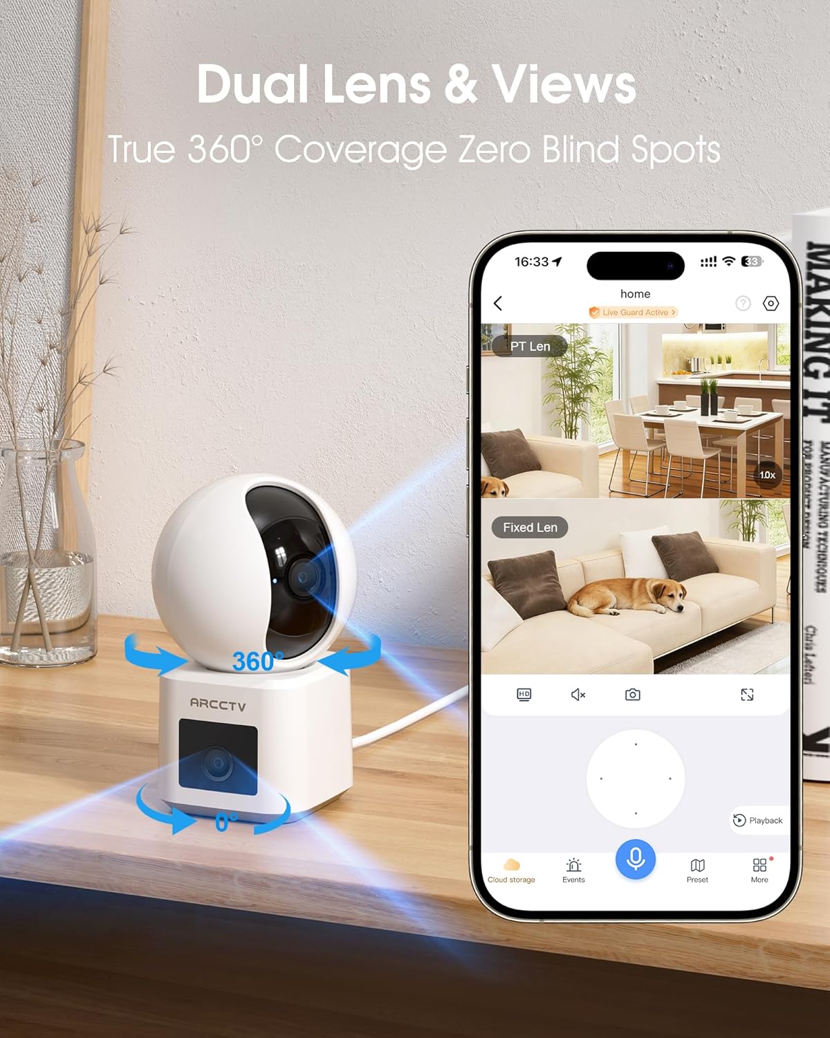 ARCCTV 2.5K 6 360 5GHz 2-Way Dual Lens Indoor Security Camera, WiFi Pet Camera with Phone App, Dog Camera for Home