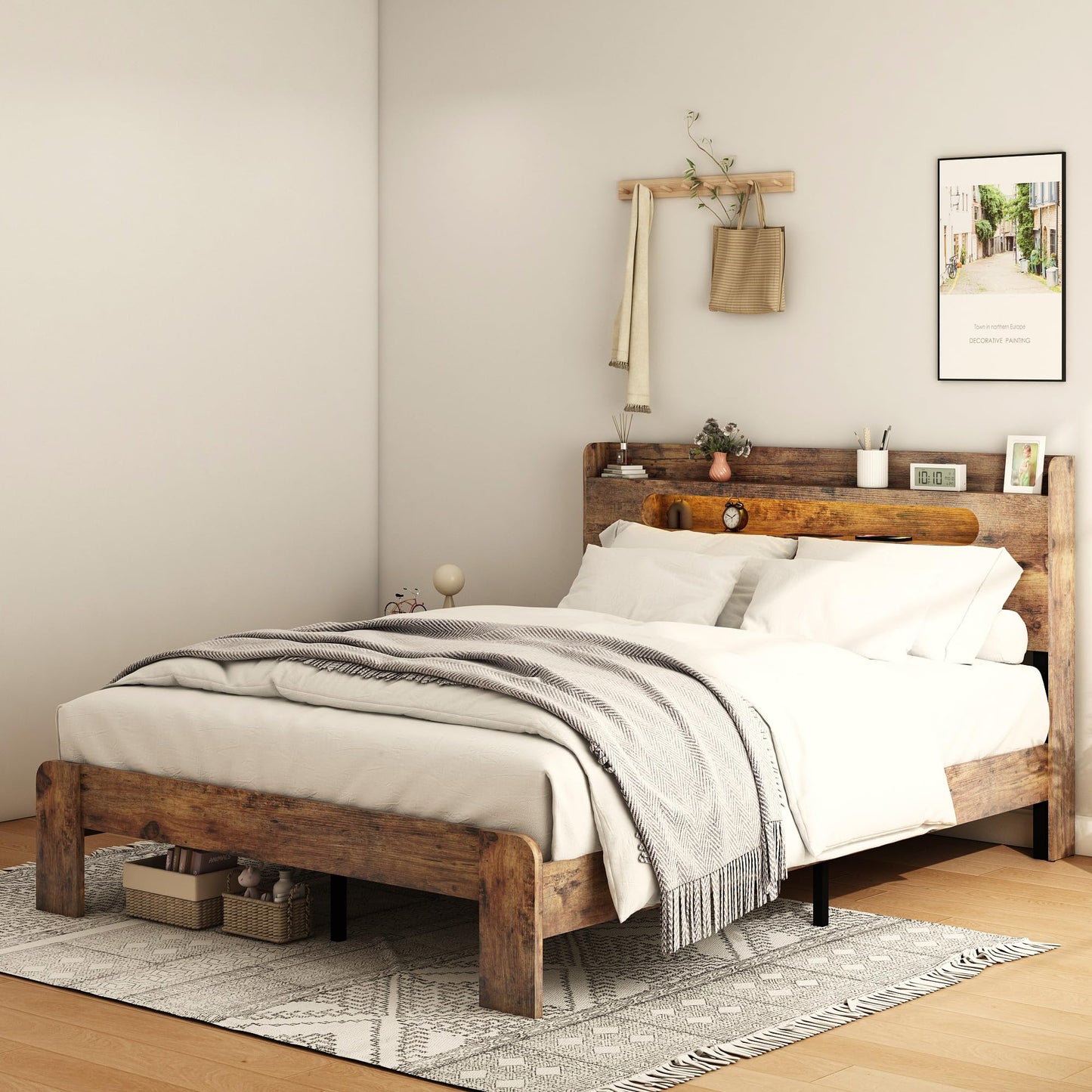 GDFStudio Full Size Wood Platform Bed Frame with Storage Headboard and Charging Station, LED Light Headboard with 2 USB Ports and Power Outlets, Noise-Free Support, No Box Spring Needed, Dark Brown
