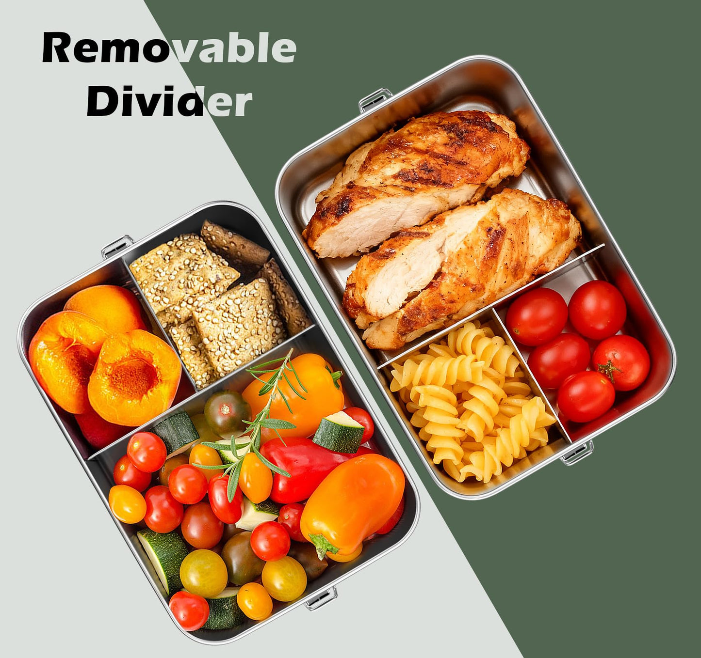 Leonyo 18/10 Stainless Steel Bento Box 28oz, 850ml Metal Lunch Box with Removable Divider, 3 Compartments Stainless Steel Food Snack Lunch Containers for Woman Man, Leak-Proof, Dishwasher Safe