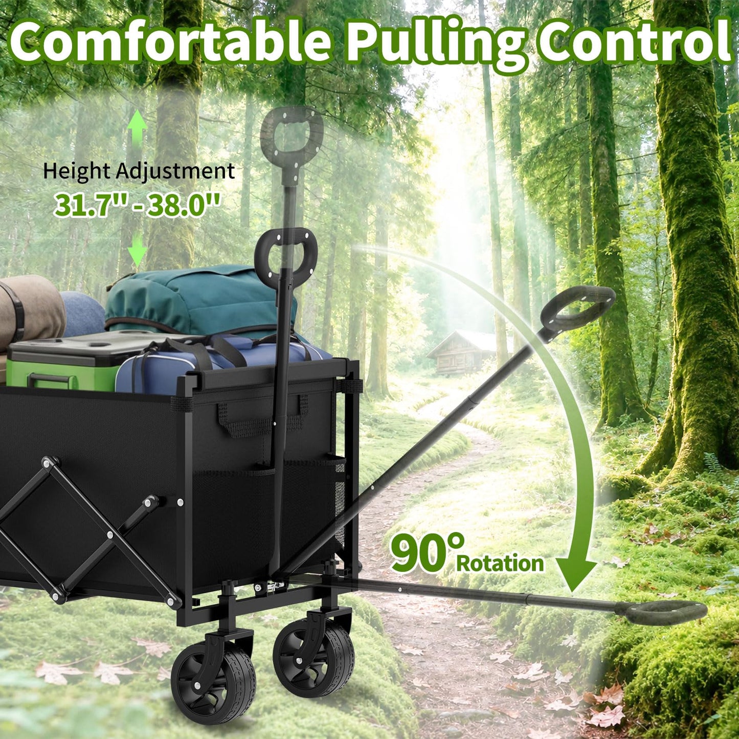 InBrave Extra Long Collapsible Wagon Cart, 480LBS Heavy Duty Utility Wagons with All-Terrain Wheels, Foldable Grocery Carts for Gardening, Shopping, Beach, Camping, Black