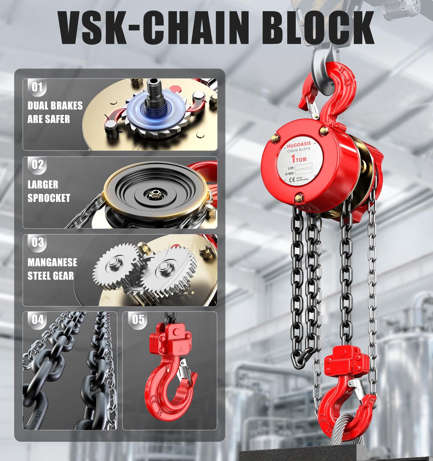 HUGOASIS Manual Chain Hoist 1 Ton 2200 Lbs Capacity 10ft with 2 Heavy Duty Hooks, Chain Fall Block for Warehouse Building Automotive Machinery,Red