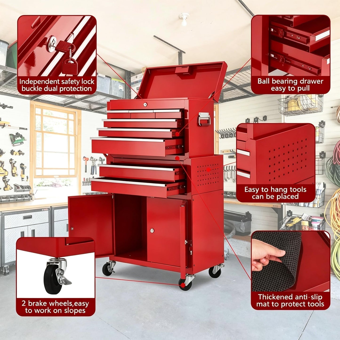 Rolling Tool Chest with Wheels, 24 Inch 8 Drawer 2-in-1 Detachable Tool Box and Cabinet, Lockable Cold Rolled Steel Tool Storage Organizer, Top 6 Drawers Bottom Cabinet 2 Drawers 1 Door, Red