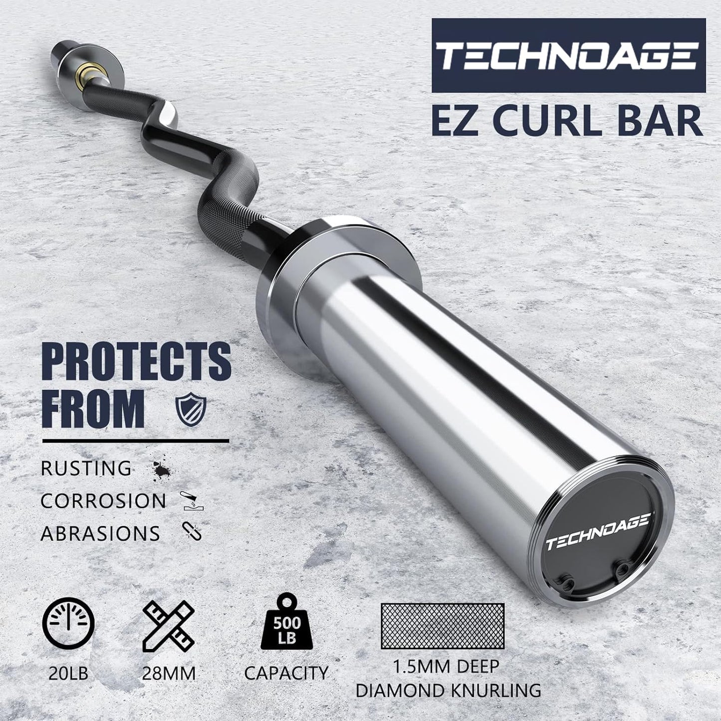 TECHNOAGE Olympic EZ Curl Bar, 47" EZ Barbell for Biceps & Triceps Workout, 20LB Solid Steel Curl Bar with Smooth Bearing Sleeves for 2-Inch Weight Plates, 500LB Capacity Weight Lifting Bar for Home Gym Strength Training, Sliver&Black