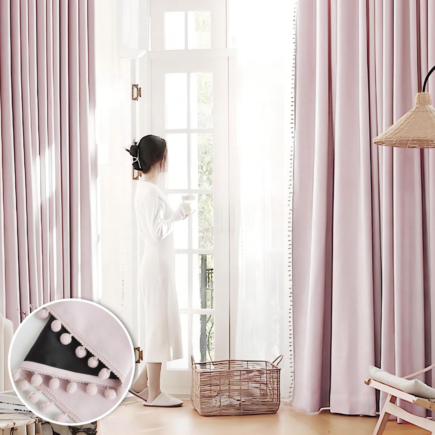 Jubilantex Pom Pom Pink Blackout Curtains 84 inches Long 2 Panels Triple Weave Window Treatments for Girls Bedroom and Living Room,52" x 84",Grommet