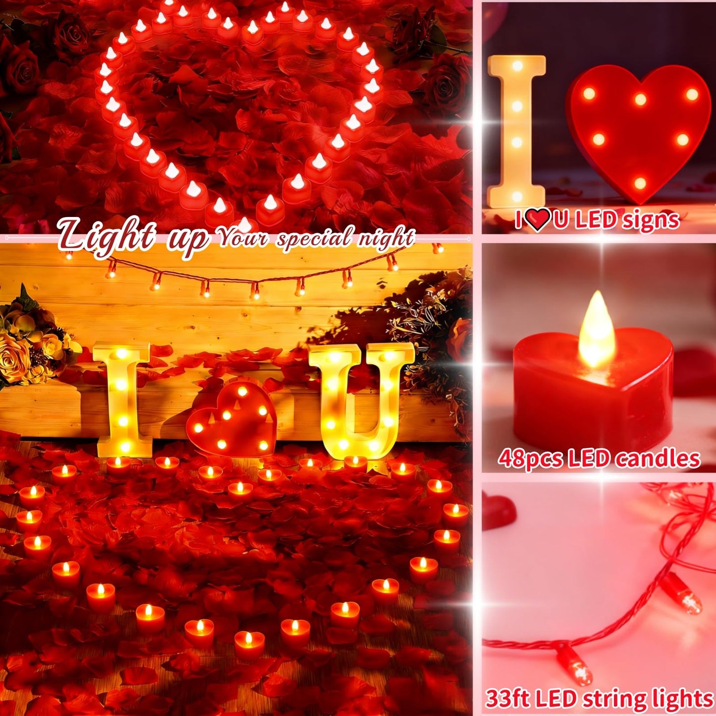 Ultimate Valentines Day Romantic Decorations Special Night for Bedroom with 33FT Lights,5000 Rose Petals and Candle Set for Hotel Room Home Decor,Valentine Anniversary I Love You Balloon&Letter Sign