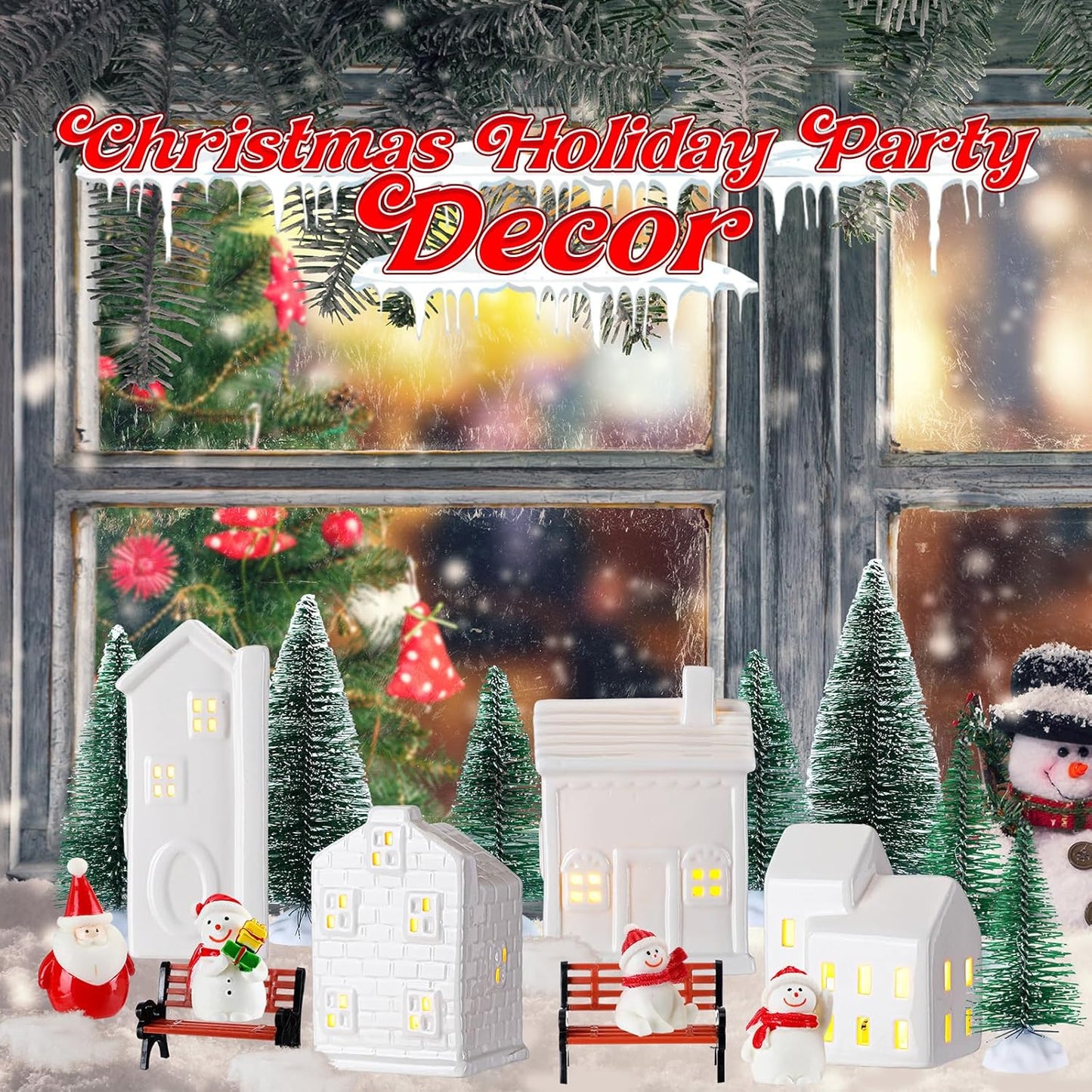 Soaoo Ceramic Christmas Village Set - 29 Pcs with LED Houses, Trees, Snowmen & Fake Snow | White Porcelain Decor