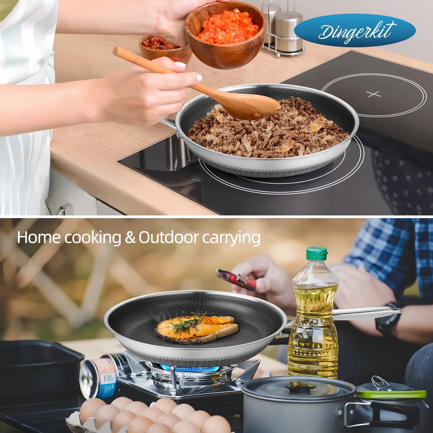 Dingerkit Nonstick Frying Pans, 12 inch Stainless Steel Frying Pan Non Stick with Honeycomb for Kitchen and Camping - Dishwasher and Oven Safe Skillet, Induction Gas Ceramic Cookware.