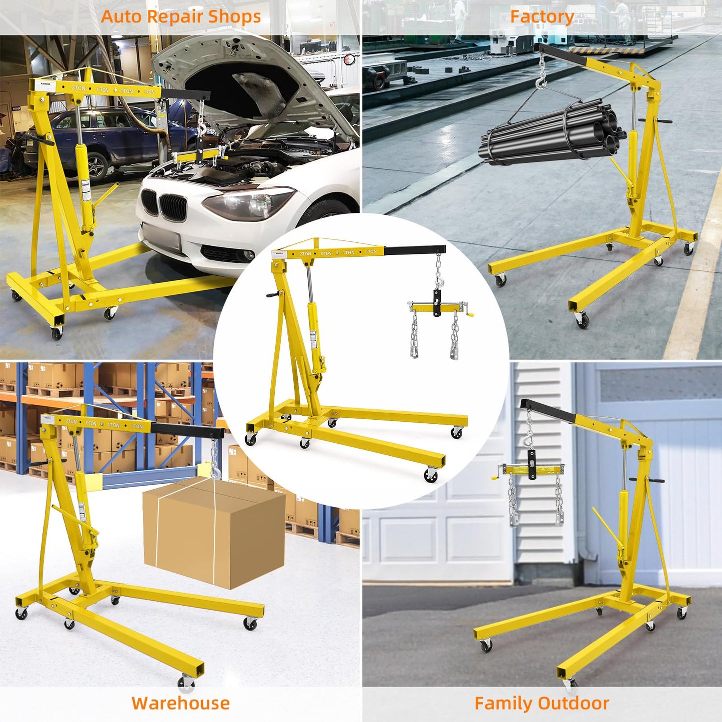 GarveeTech Engine Hoist with Lever, 2 T 4000 Lbs Heavy Duty Folding Cherry Picker Engine Lift Hydraulic Tilting Engine Shop Crane with 6 Iron Caster Wheels Telescopic Boom Hitch, Yellow