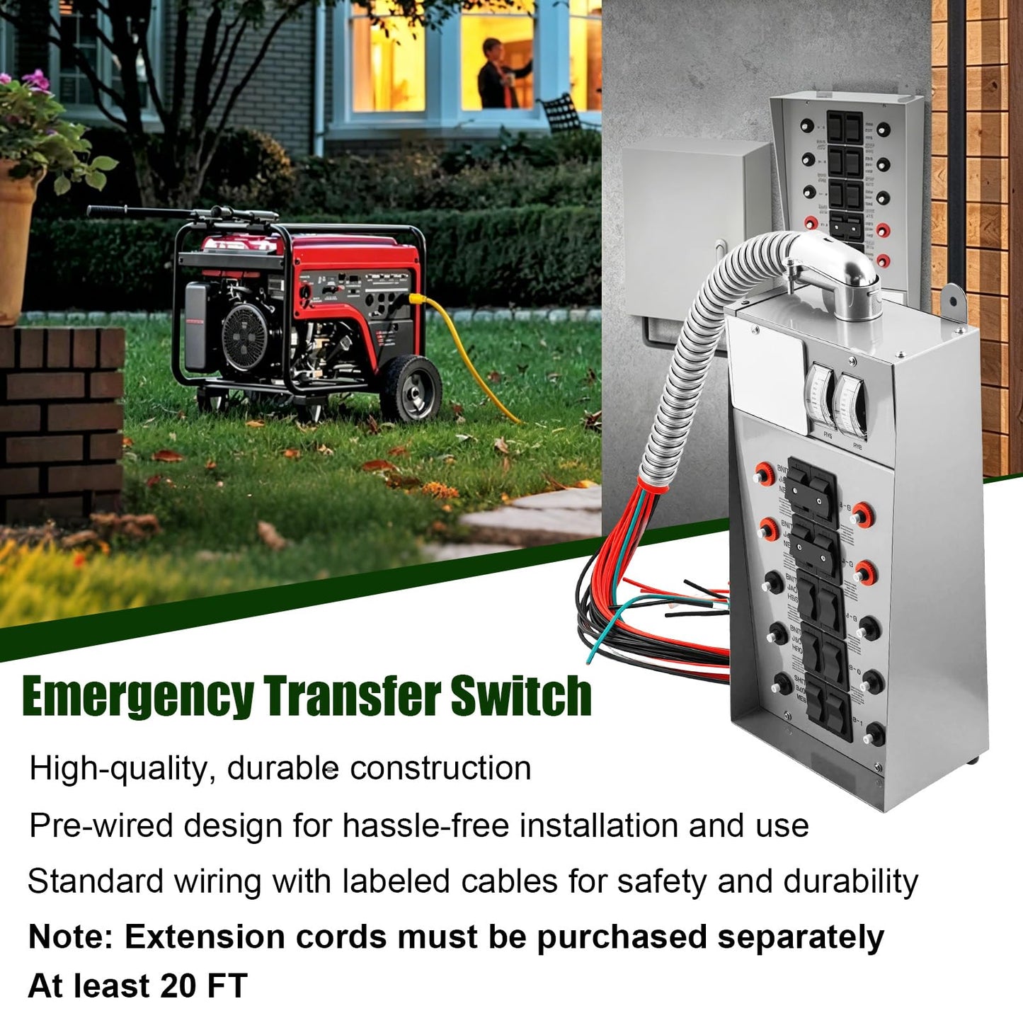 31410CRK 30 Amp 10-Circuit Generator Transfer Switch Kit 7500 Watts Replacement for Pro/Tran Include Weatherproof Inlet Box,18 Feet Hose,watt Meters,for Residential & Commercial Use 120V