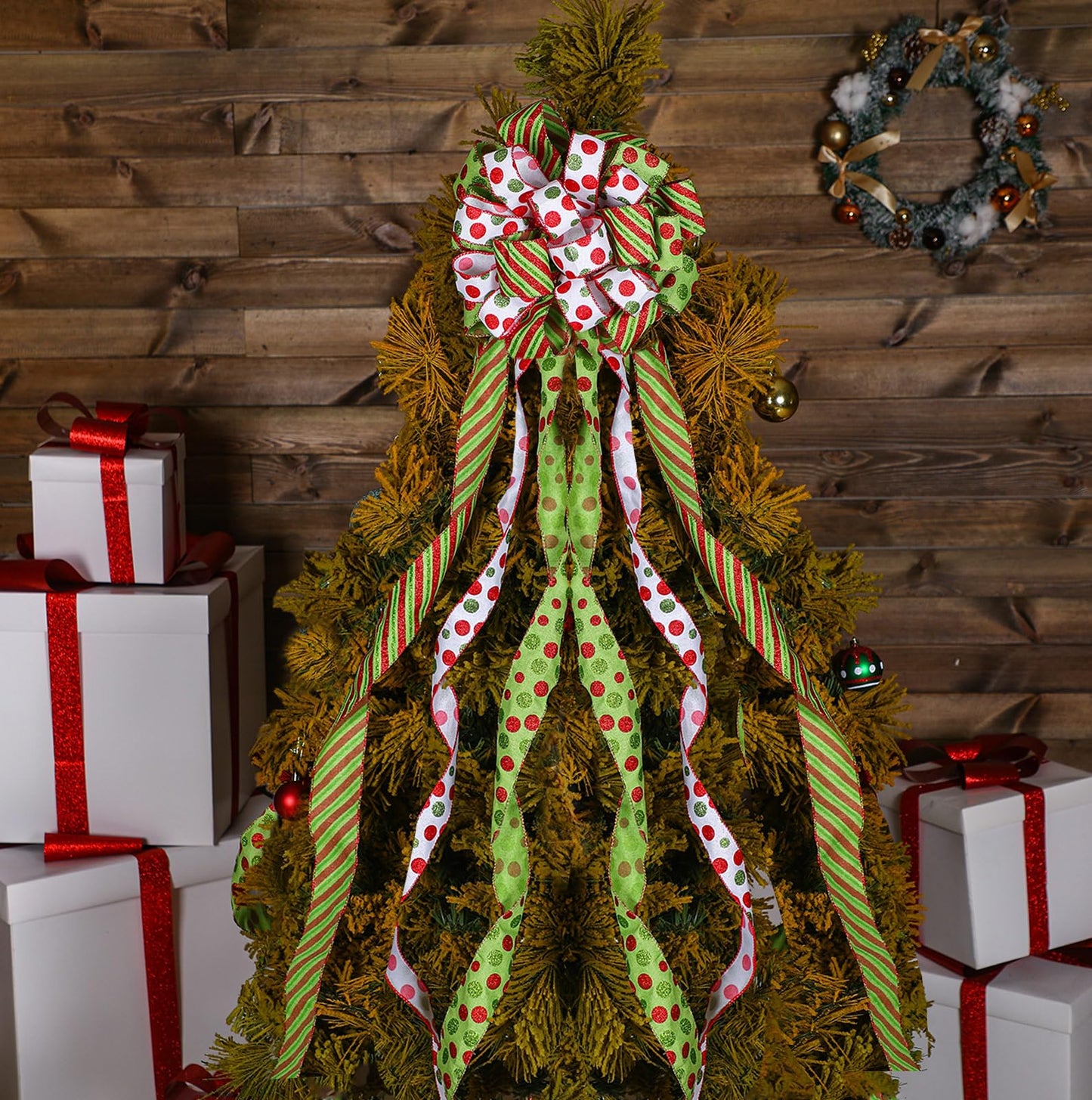 Tigeen Large Christmas Tree Bow Topper 52 x 12 Inch Red Green White Polka Dot Tree Topper Xmas Wreath Bow with Glitter Streamers for Christmas Party Indoor Outdoor Decoration Favor Supplies
