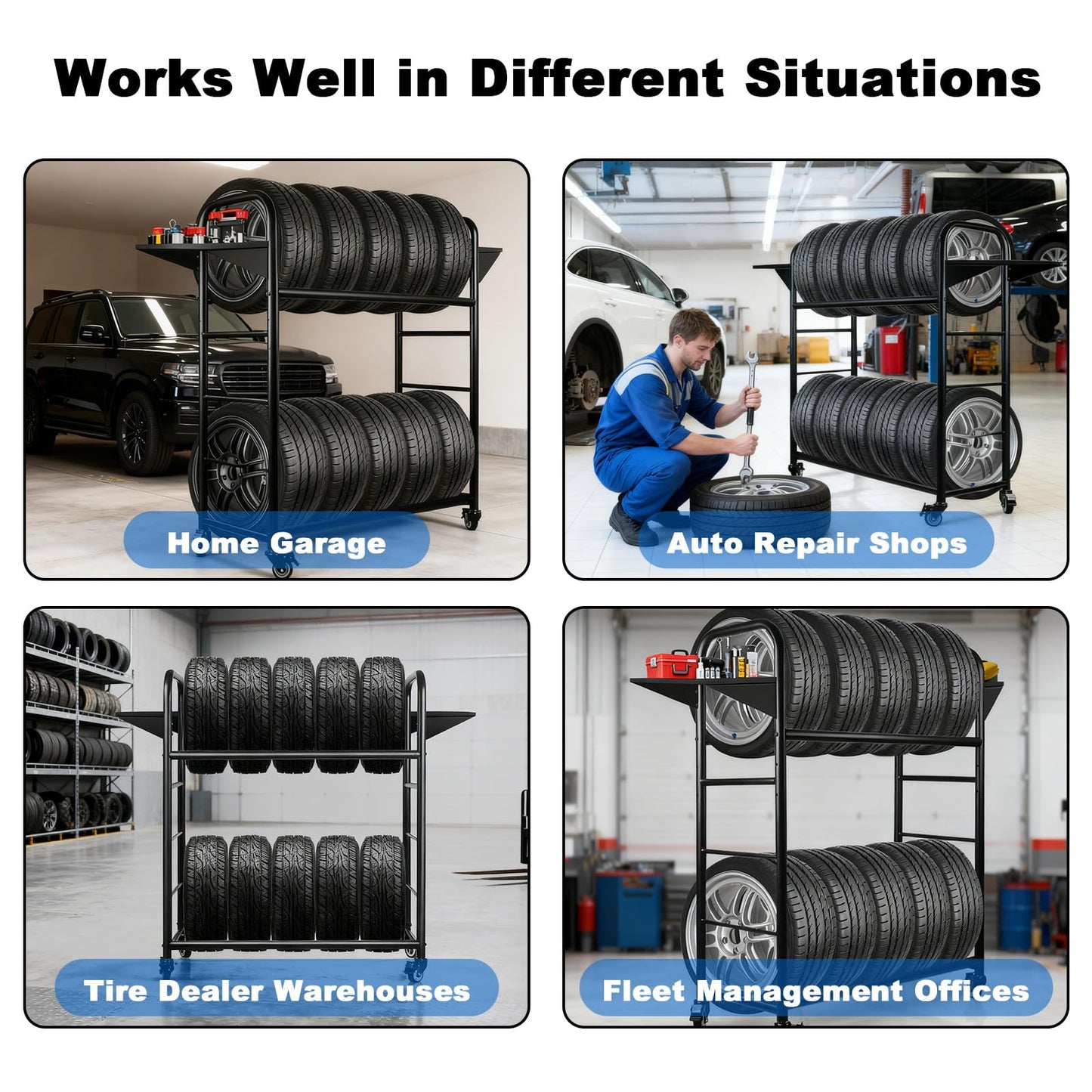 Togarhow Tire Rack, 59 x 57 x 20 Inches Garage Tire Storage Stand with Storage Tray 218KG/480LBS Capacity, 2 Storage Shelf & 4 Swivel Casters Rolling Tire Storage Rack, Black