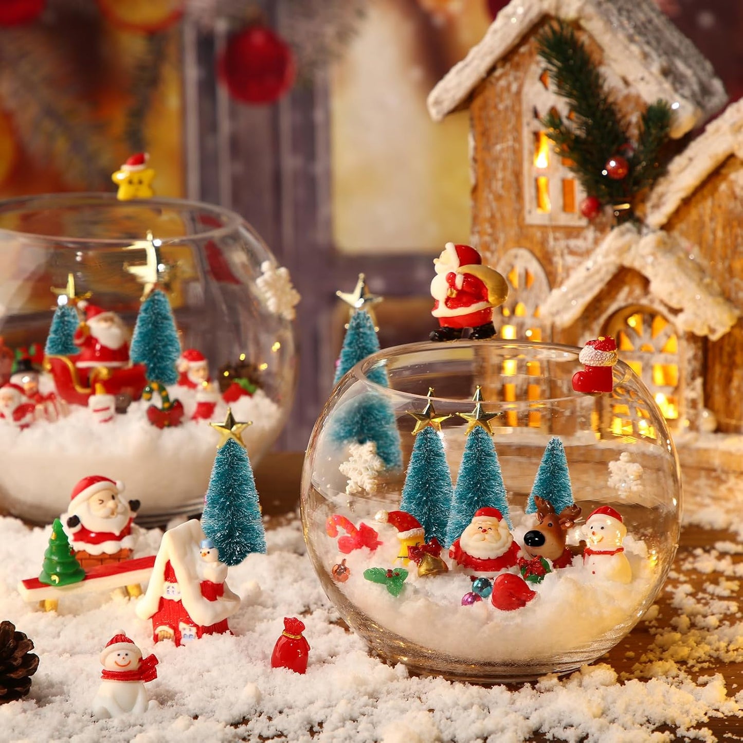 Roowest Miniature Ornaments - 96 Pcs DIY Snow Globe Kit for Christmas Village Decor | Snowman, Reindeer, Santa, Teal