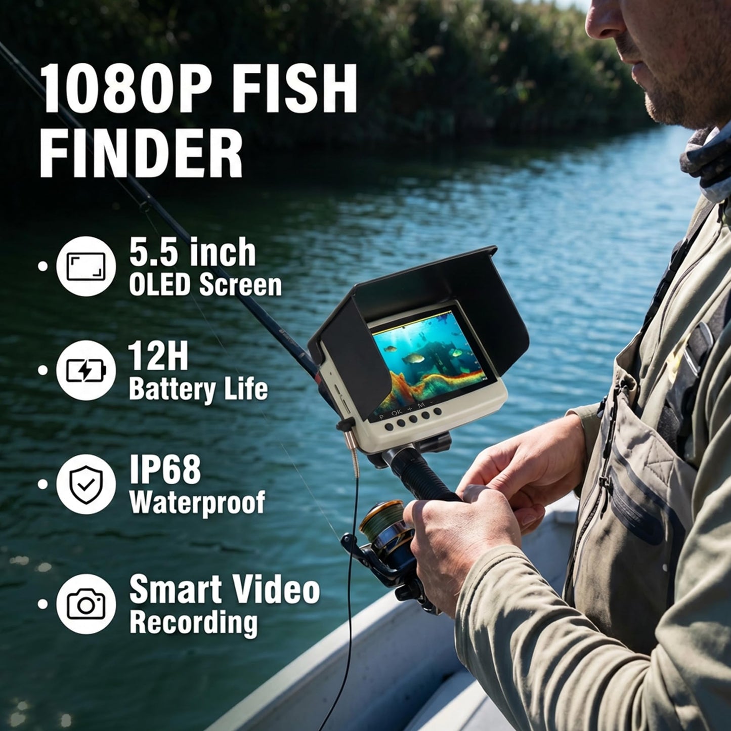 Takkicept Underwater Fishing Camera & Fish Finder: 5.5 Inch 1080P OLED Screen DVR 32GB Storage with 220° Adjustable Lens 82ft Cable IP68 Waterproof - Outdoor Fishing Ice & Lake Anglers