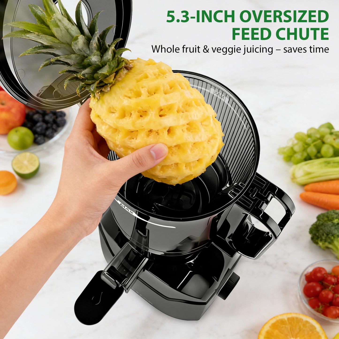 SUSTEAS Juicer Machines with 5.3" Extra Wide Chute,Cold Press Juicer for Whole Fruits & Vegetables, 64oz Capacity Juice Extractor 250W, Easy to Clean, High Juice Yield, Home Juicer, Premium Black