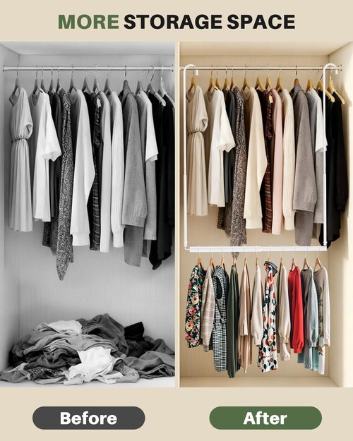 Hanging Closet Rod, Adjustable Height & Width Closet Rods for Hanging Clothes-Closet Extender Hanging Rod Space-Maximizing Design Suitable for Hanging and Drying Clothes, White