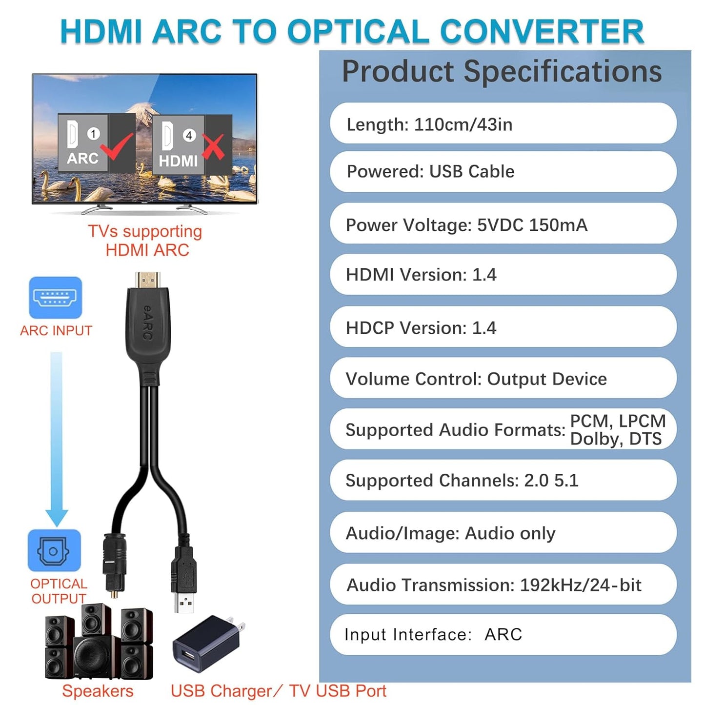 192KHz 3.4ft/1.05m Dolby/DTS 5.1 HDMI ARC to Optical Audio Converter for TV to Soundbar, Plug & Play ARC to Optical