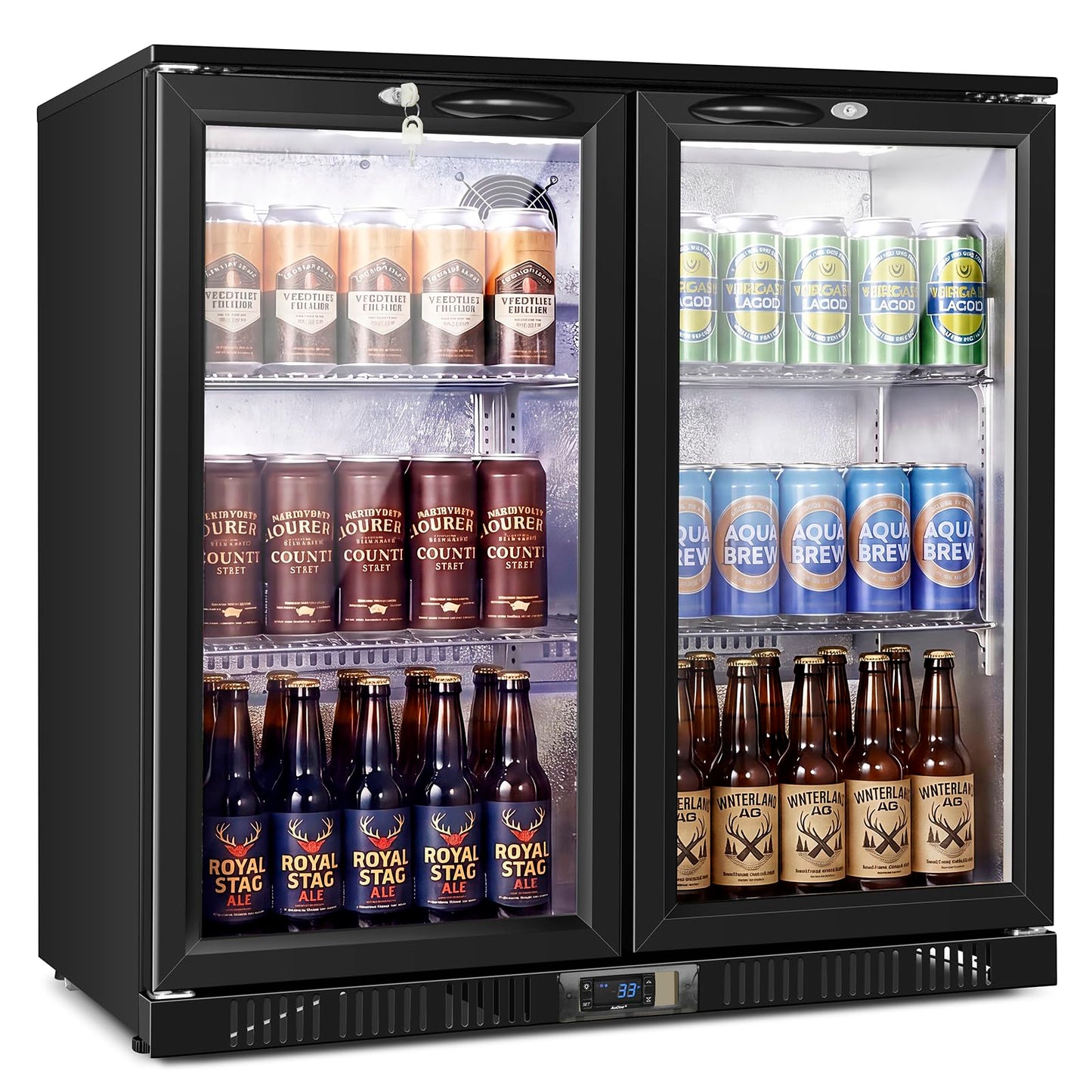 35.42" W Commercial Under Counter Beverage Refrigerator, 2 Glass Door Back Bar Cooler, Built-in/Freestanding 7.4Cuft Drink Fridge with LED Light, Auto Defrost, Low-E Glass & Safety Lock, Rebound door