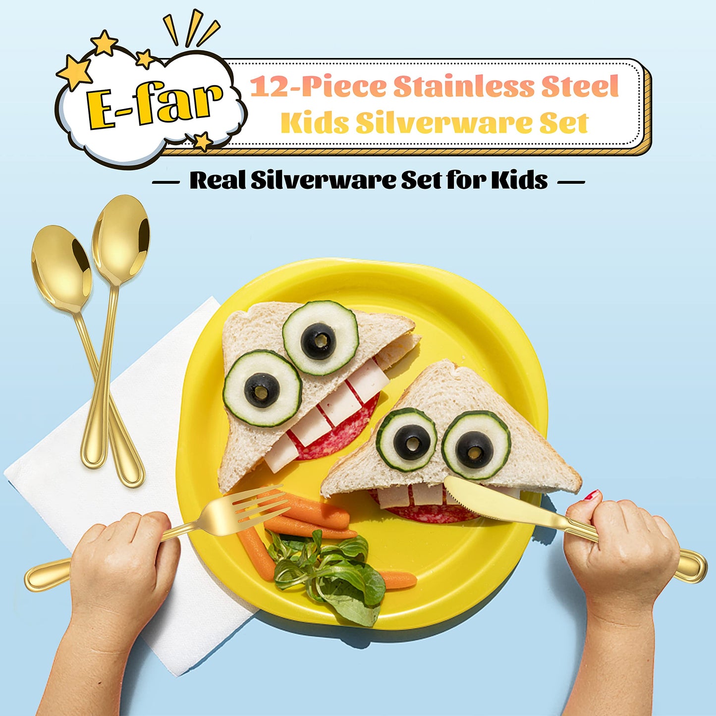 12-Piece Gold Kids Silverware, E-far Stainless Steel Toddler Kids Utensils Safe for Preschooler/Children, Includes 4 Forks 4 Spoons 4 Knife, Slimline Look & Small Size, Healthy & Rust Free