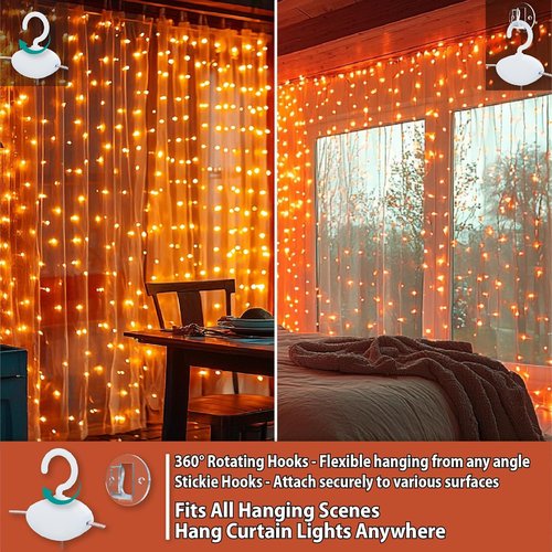 HXWEIYE 300LED Fairy Curtain Lights - 9.8x9.8Ft USB Plug-In with 8 Modes & Remote | Orange Indoor Decor