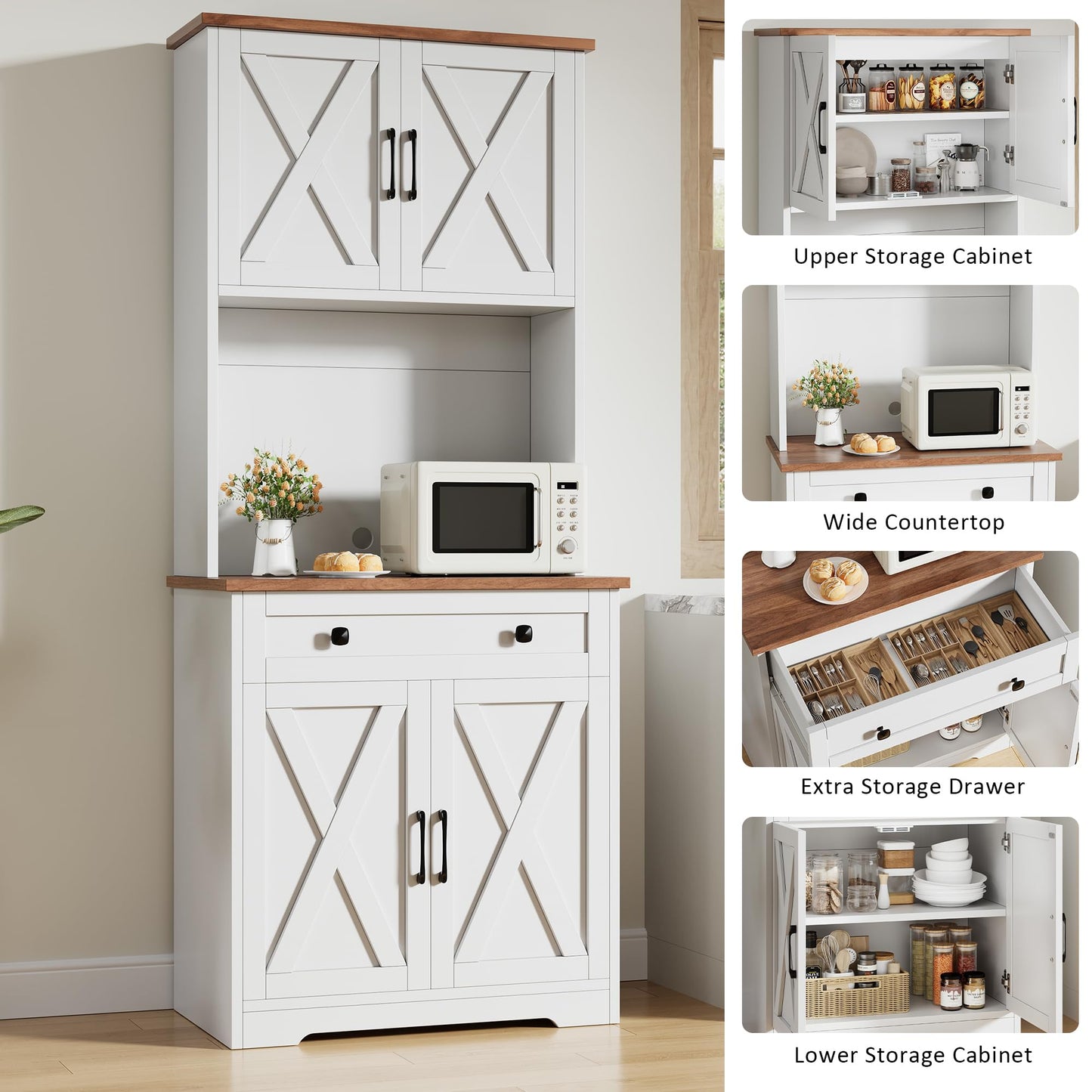 Garvee 71" Pantry Cabinet with Charging Station, Tall Kitchen Pantry Storage Cabinet with Microwave Stand, Large Farmhouse Kitchen Hutch with Cabinet Doors & Drawer for Living Room, Dining Room