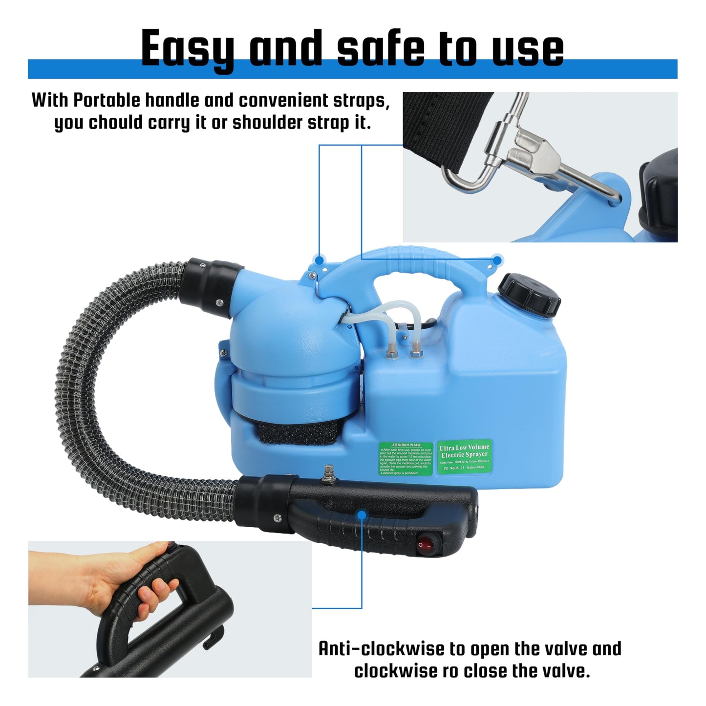 7L (1.85 Gallon) Electric ULV Fogger Machine, Portable Fogger Sprayer Machine Electric Atomizer Ultra Low Volume Sprayer for Home Indoor and Outdoor Spraying Use, 1 Pack