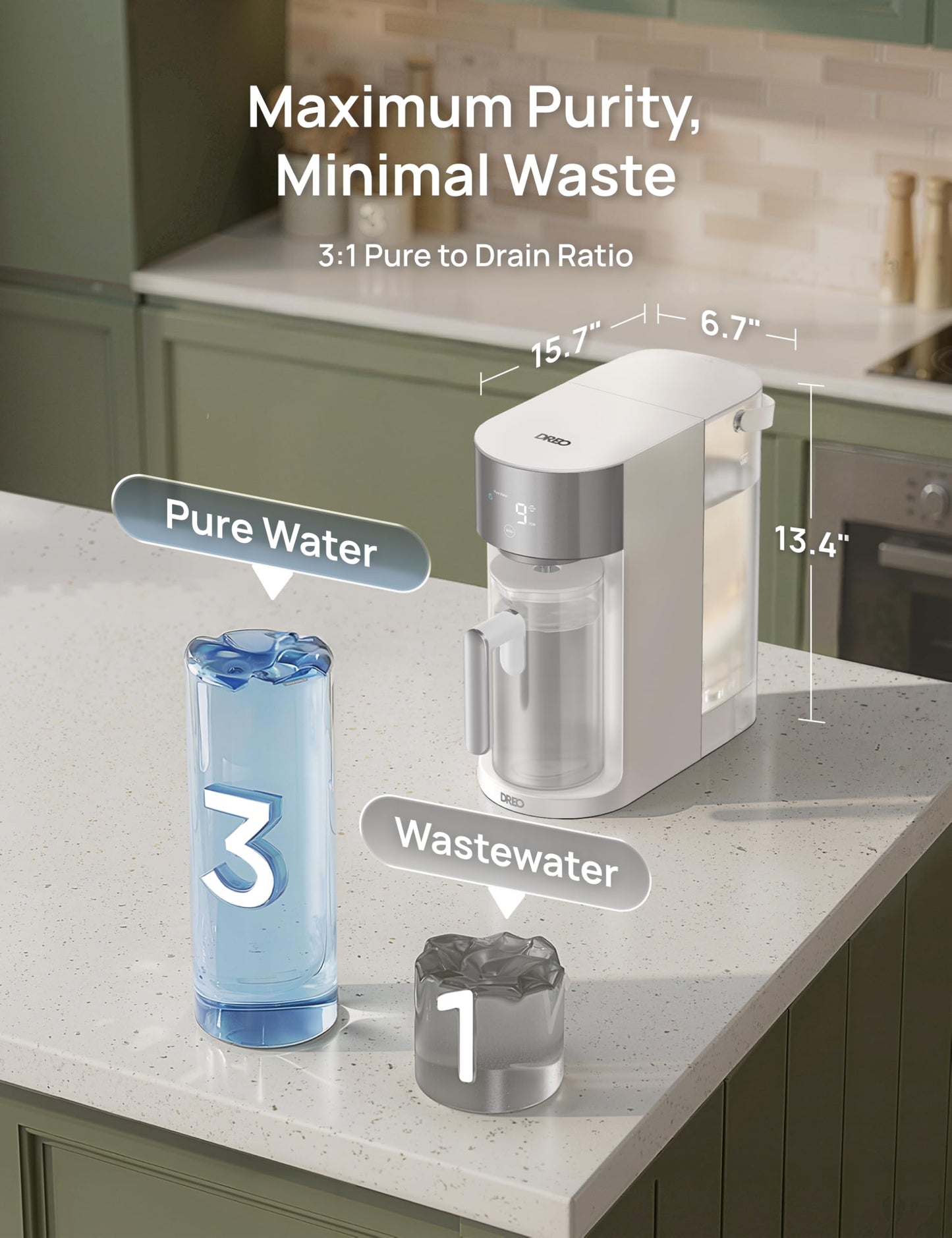 DREO Reverse Osmosis Water Filter Countertop, RO Filtration System, 3:1 Pure to Drain, TDS & Filter Life & 2 Autofill Pitchers, Self-Cleaning Water Purifier, RO Water Filter