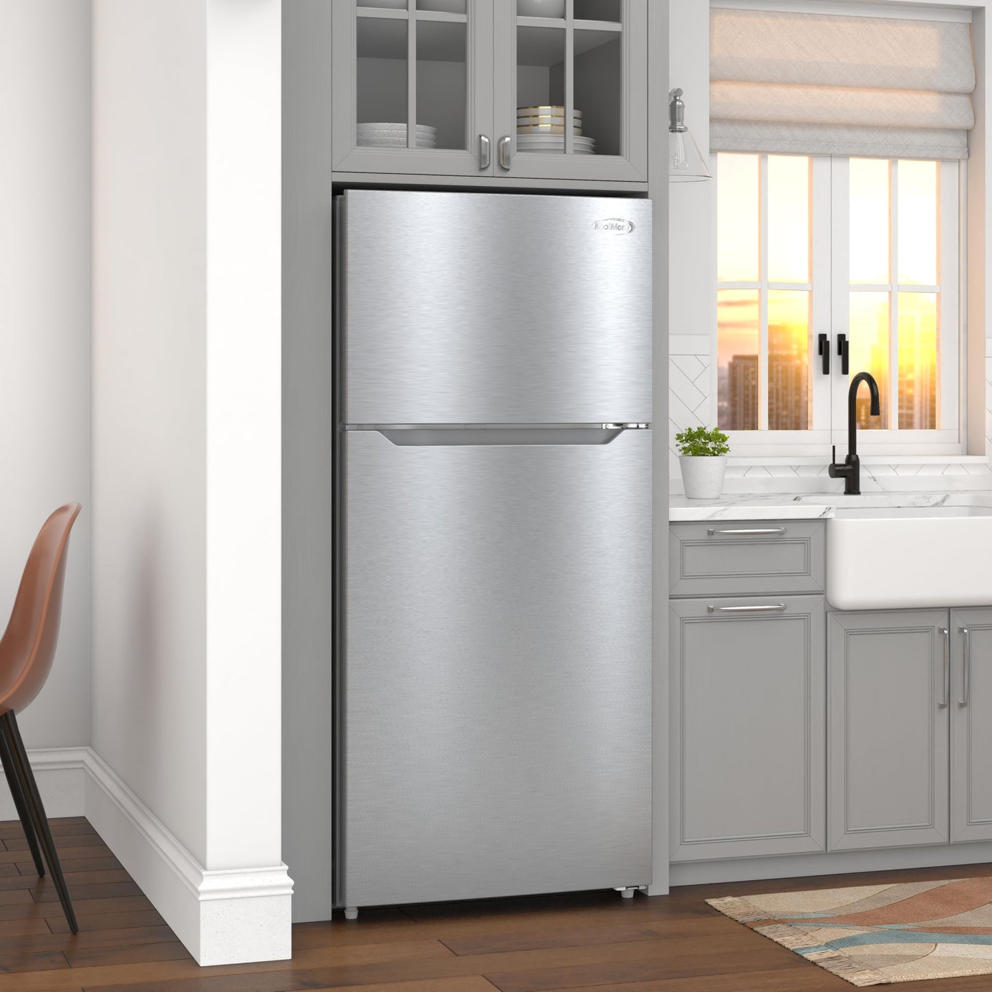 KoolMore 28 Inch 14 Cu Ft Top Freezer Refrigerator, Stainless Steel, Freestanding Full Size Fridge Freezer for Home Kitchen or Garage
