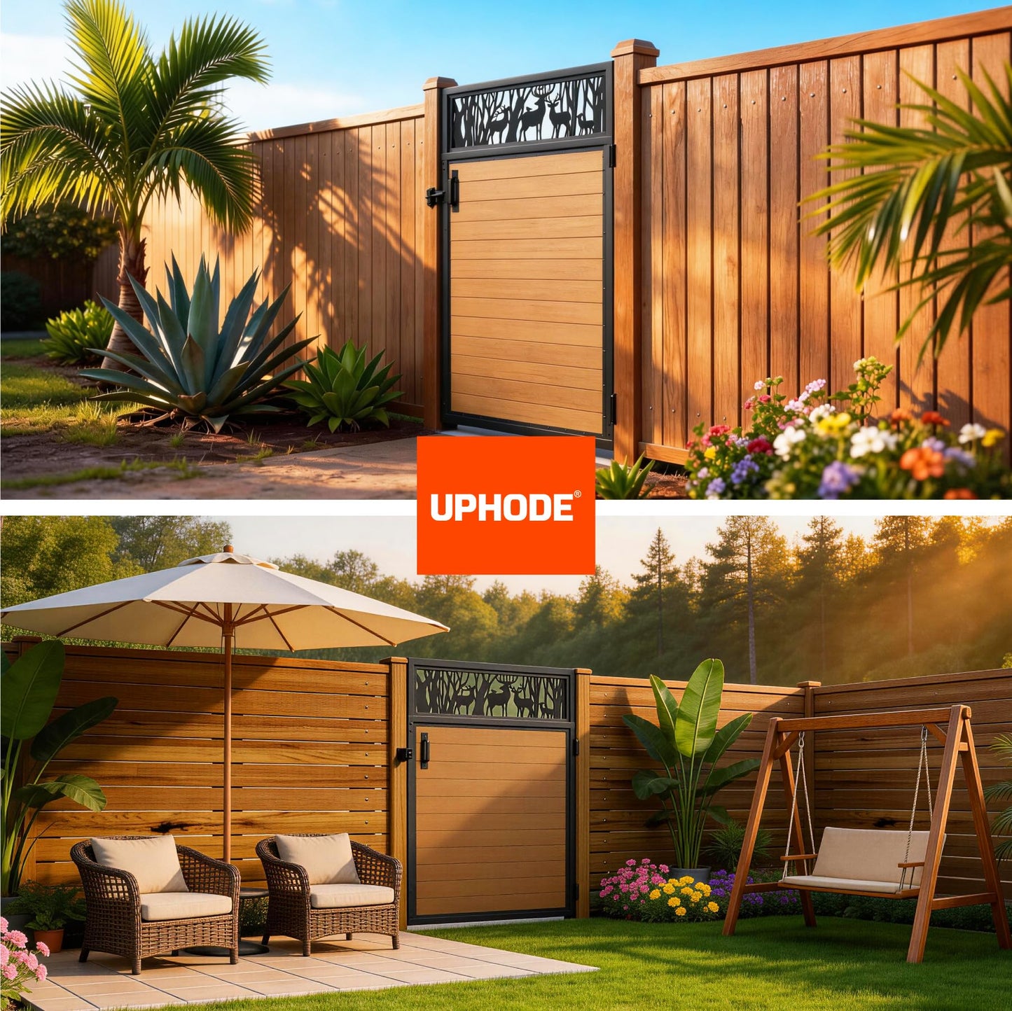 Uphode 4x5FT(46.8" x 59") 201 Stainless Steel Fence Gate Kit Heavy Duty, Anti Sag Metal Fence Gate Frame Kit with Aluminum Board, Morden Garden Gate Hardware Kit Outdoor (Left/Right Free-Installation)