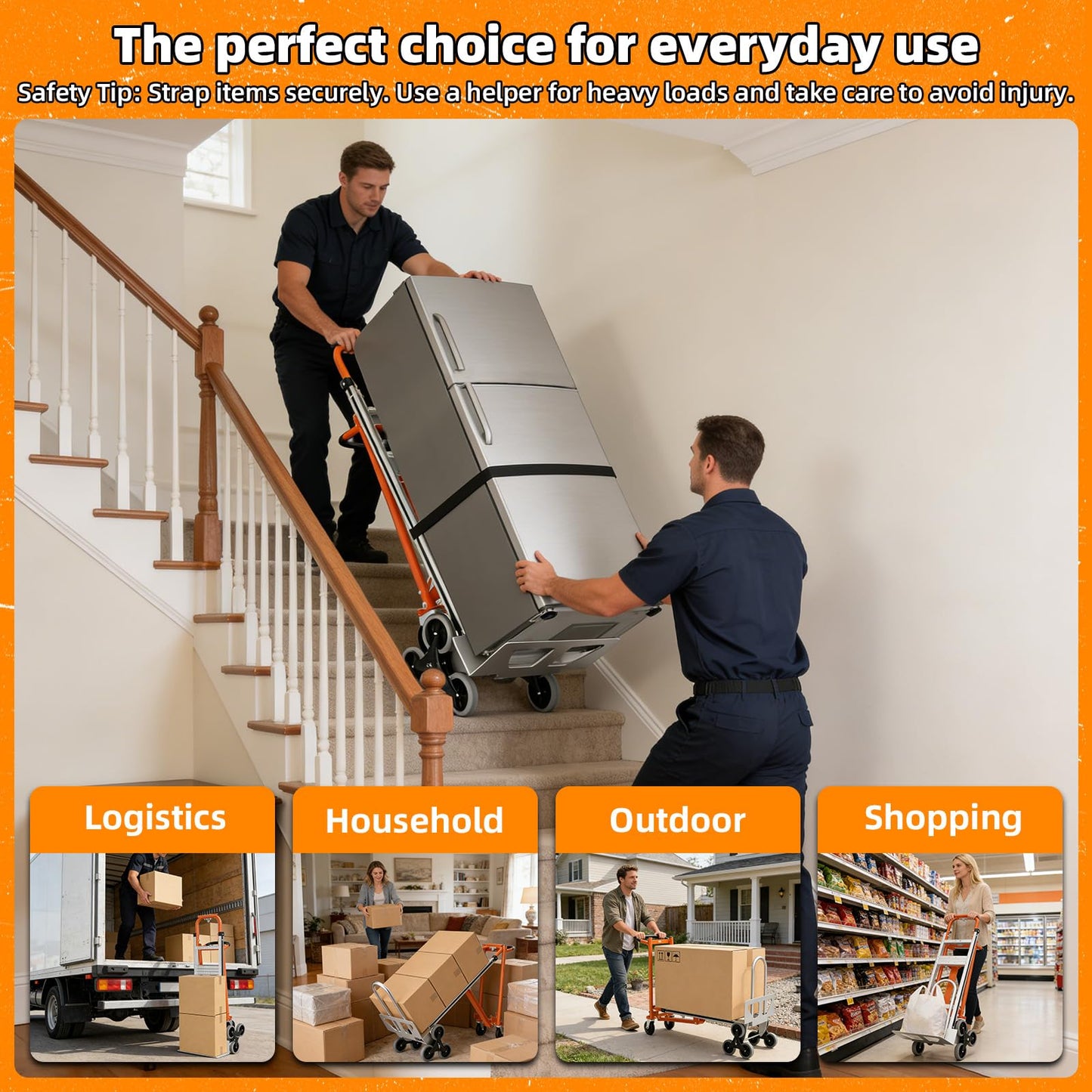 Aluminum 4 in 1 Convertible Hand Truck Dolly Cart with Wheels, 1000Lbs Capacity, Heavy Duty Stair Climbing Hand Trucks with Bungee Cord&Strap for Flat Ground & Stairs, Logistics, Home, Office, Orange