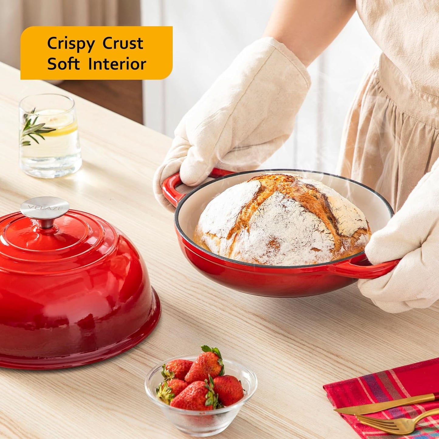 Velaze Enameled Cast Iron Dutch Oven - 5 QT Round Bread Pot with Dome Lid for Sourdough & Roasting (Red)
