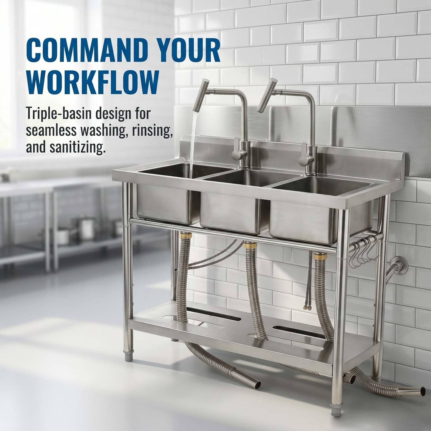 Utility Sink Freestanding Three Bowl Stainless Steel Sink, 39 x 18 x 36 Inch, No Drawer Stand and Two T-Shaped Faucets, Laundry Sink for Kitchen, Bathroom, Garage and Patio