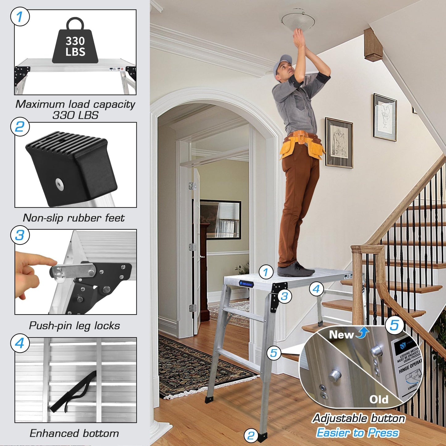 ORIENTOOLS Adjustable Work Platform, (39.4" X 18.5") Portable Folding Aluminum Step Ladder, Scaffolding Platform of Capacity 330 LBS Heavy Duty, 7 Gear Adjustable Height 24 to 35 inches