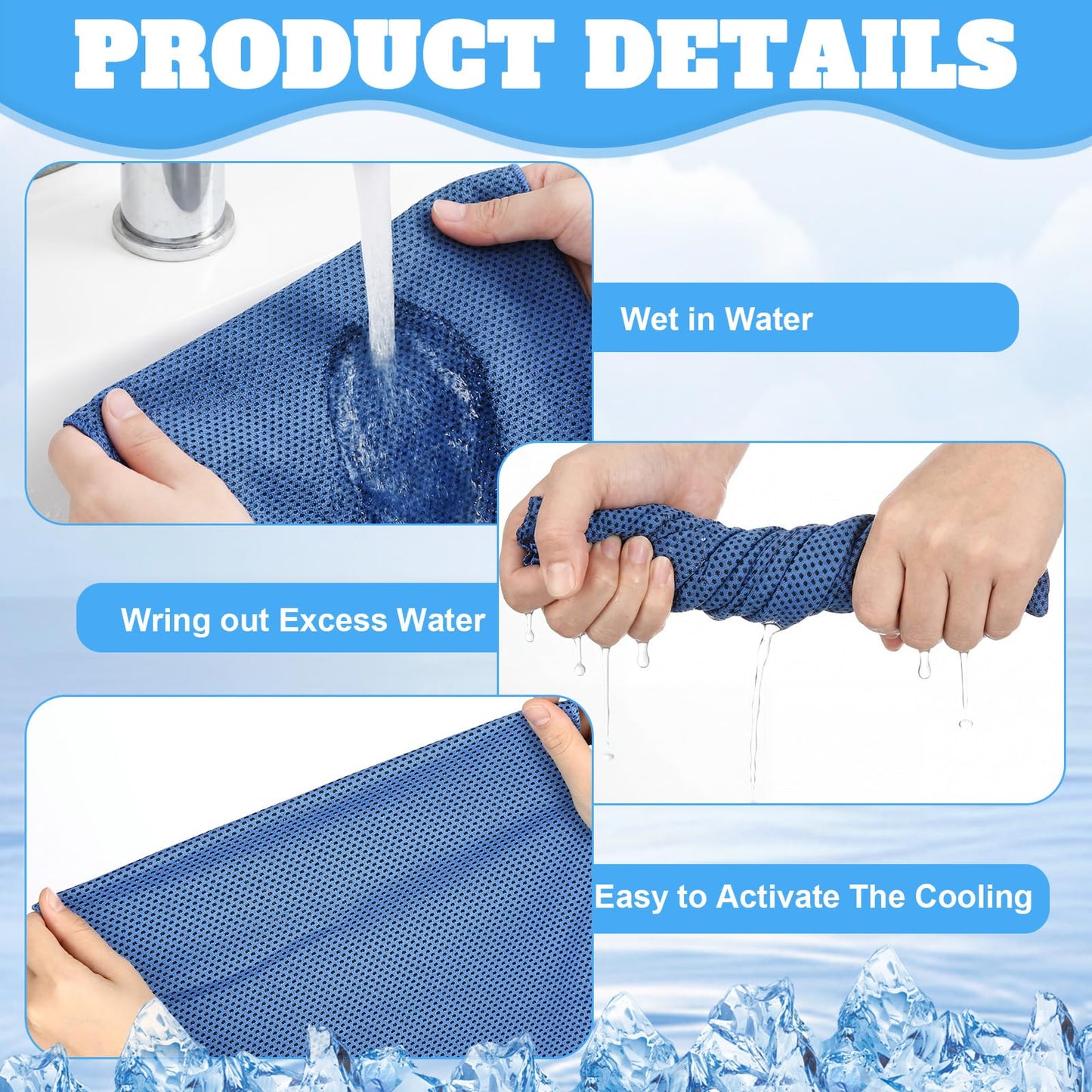 Honoson 60 Pcs Cooling Towel Bulk - 28" x 16" Neck & Face Cool Chilly Towels Microfiber Breathable Sport Sweat Rag for Gym, Yoga, Travel, Camping, Running, Outdoor(Gray Blue White)