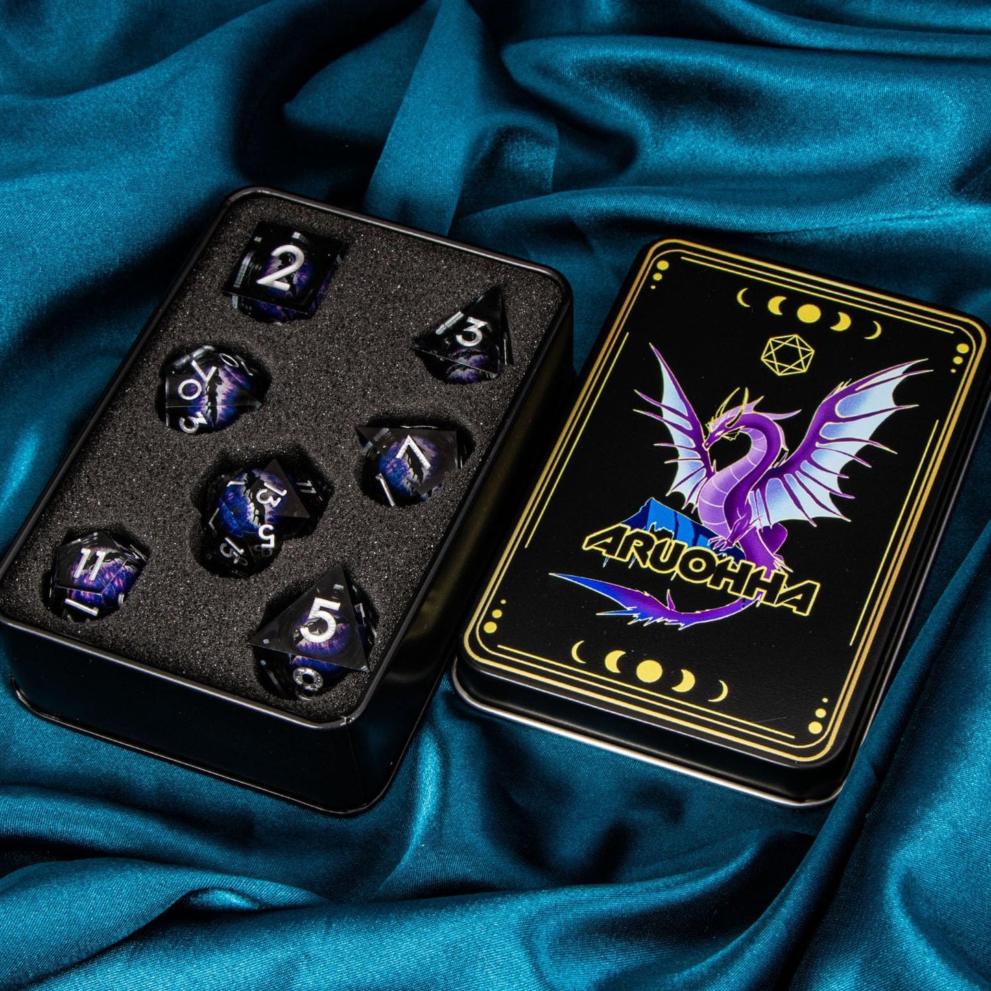 ARUOHHA DND Resin Dice Dragon Eye Dice Liquid Core Purple Sharp Edged Dice Set with Gift Box, Dungeons Polyhedral D and D Dice Set Compatible with D&D Role Playing Game D20 D12 D10 D8 D6
