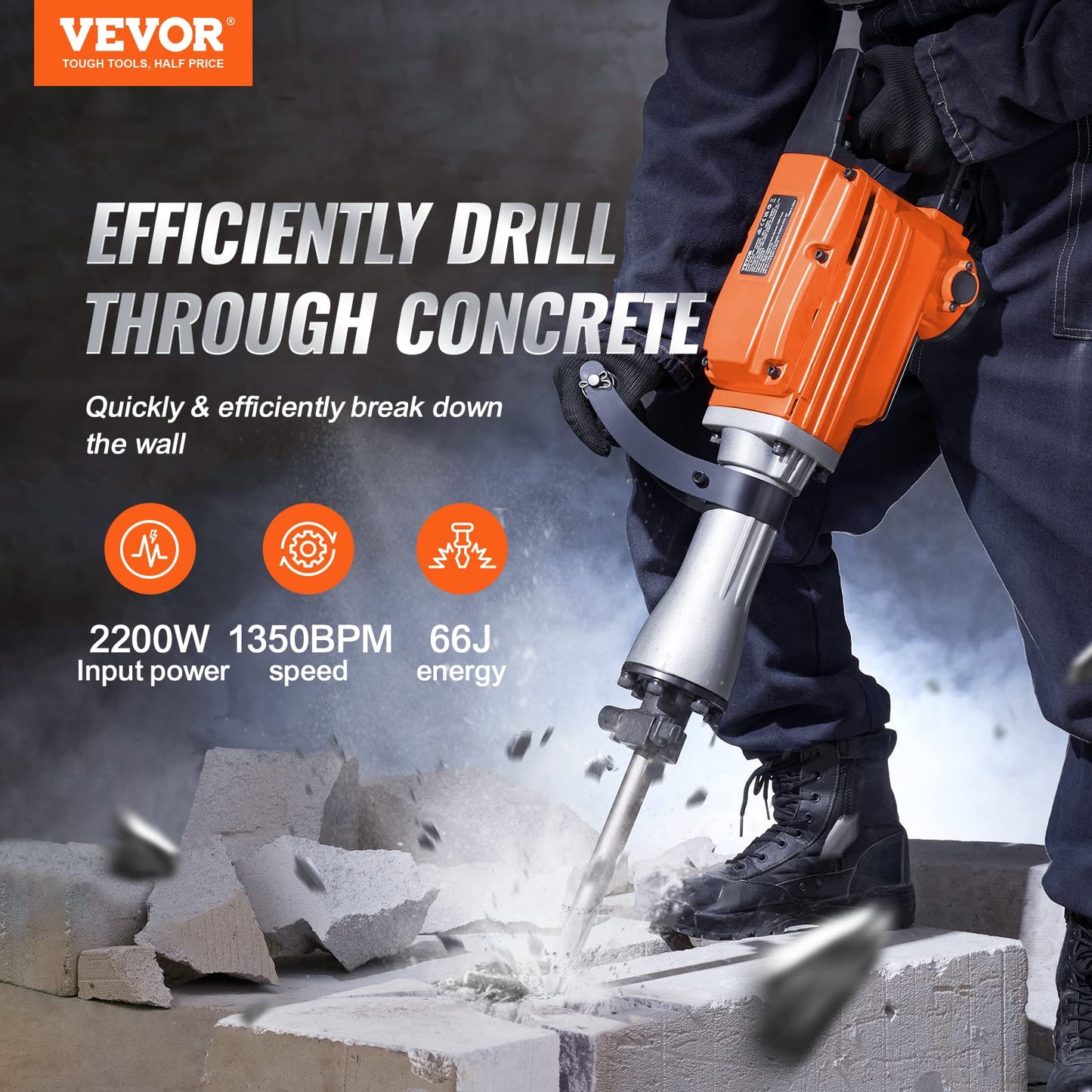 VEVOR Demolition Jack Hammer (2200W) + Evolution R230DCT - 9 in Concrete Saw Bundle with 2 Chisels Bit Chipping
