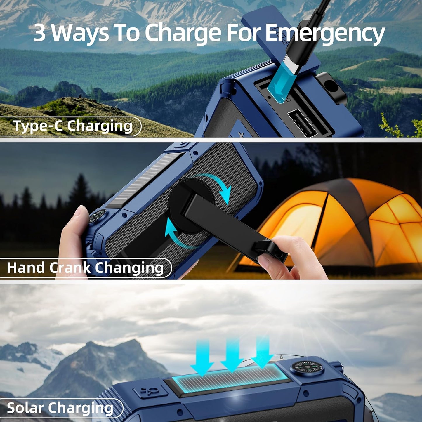 libovgogo IPX5 Alarm,2000mAh Emergency Weather Radio with Waterproof Portable Bluetooth Speaker,USB-C Solar Hand