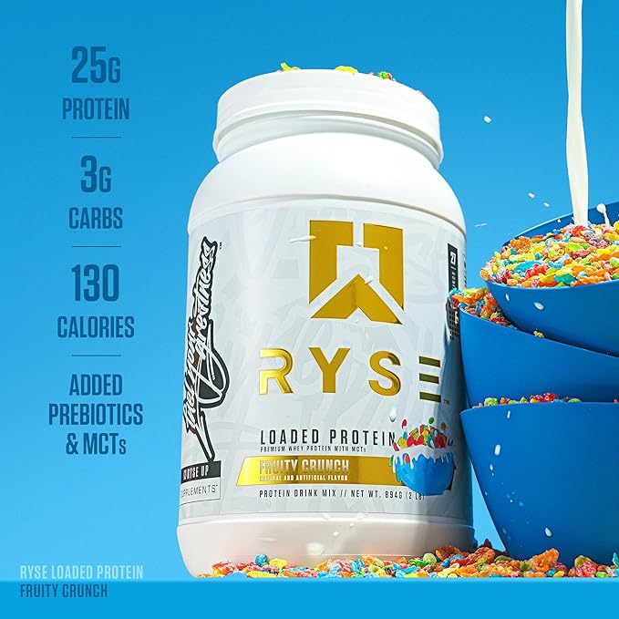 RYSE Loaded Protein Powder - Fruity Crunch - 25g Whey Protein Isolate & Concentrate with Prebiotic Fiber & MCTs - Low Carb, Low Sugar, Digestive-Friendly - 27 Servings / 2 lb Tub