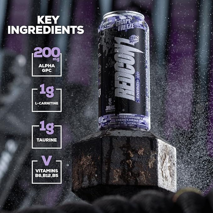 REDCON1 Energy High Performance Drink, Grape Freeze - Zero Sugar Energy Drink with Alpha GPC Nootropic - 200mg Natural Caffeine from Green Coffee Beans - Vitamin B6, B12 & B5 to Boost Mood (12 ct)