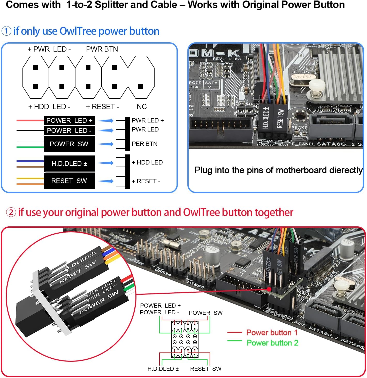 Reset PC Power Button, Desktop Switch Splitter ON Off SW HDD LED PC External Power Supply Button for Computer