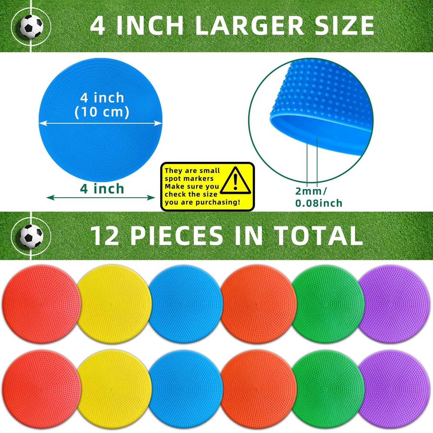 PIKZH Poly Spot Markers 4 inch 12 Pcs Non-Slip Rubber Agility Training Markers Floor Dots Flat Field Cones for Football, Soccer Ball, School Exercise Drills, Gym Dance Practice TPE