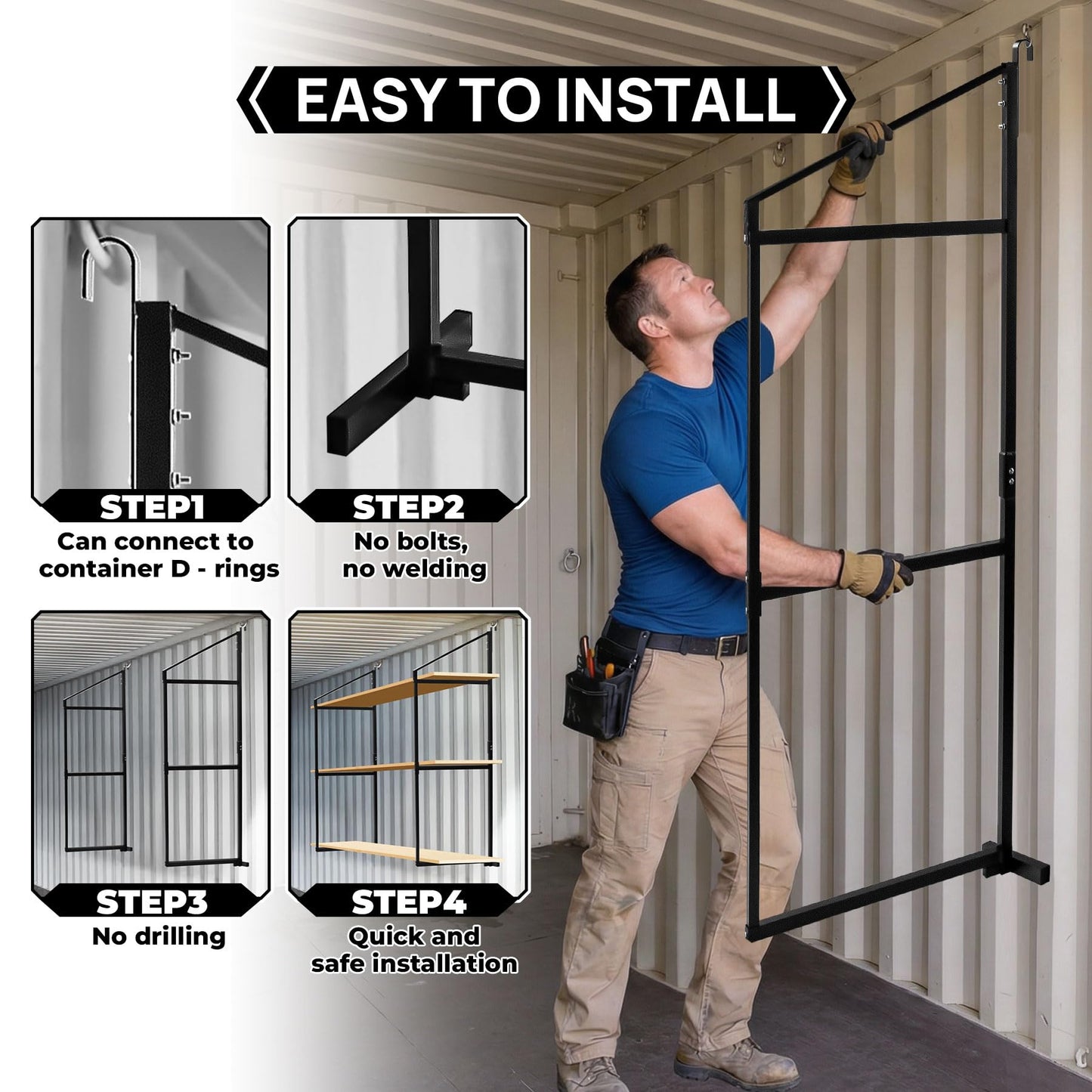 AELIVET 4 Pack Shipping Container Shelving Bracket with 60.5" H X 22.3" W, 3 Tiers Shipping Container Shelves-Bracket Rack with 1100 lbs Capacity - D-Ring Mount forHeavy Duty Cargo Shelves Rack
