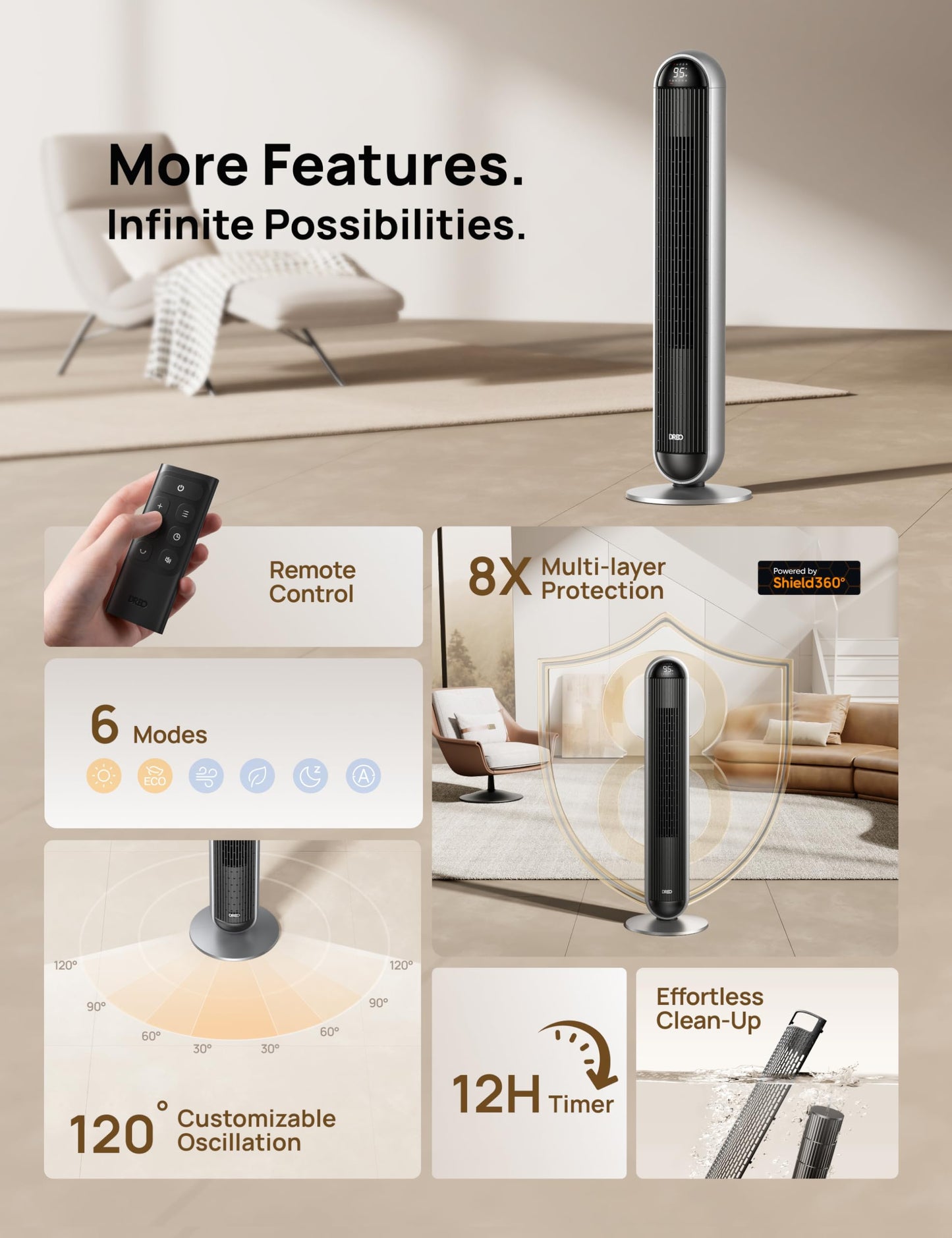 DREO Tower Fan and Heater Combo, 29.2ft/s Standing Fans for Bedroom, 17 Levels, 6 Modes, 120° Oscillation, 42 Inch, 12H Timer, 25dB Quiet, with Remote, for Office, Large Room, Silver