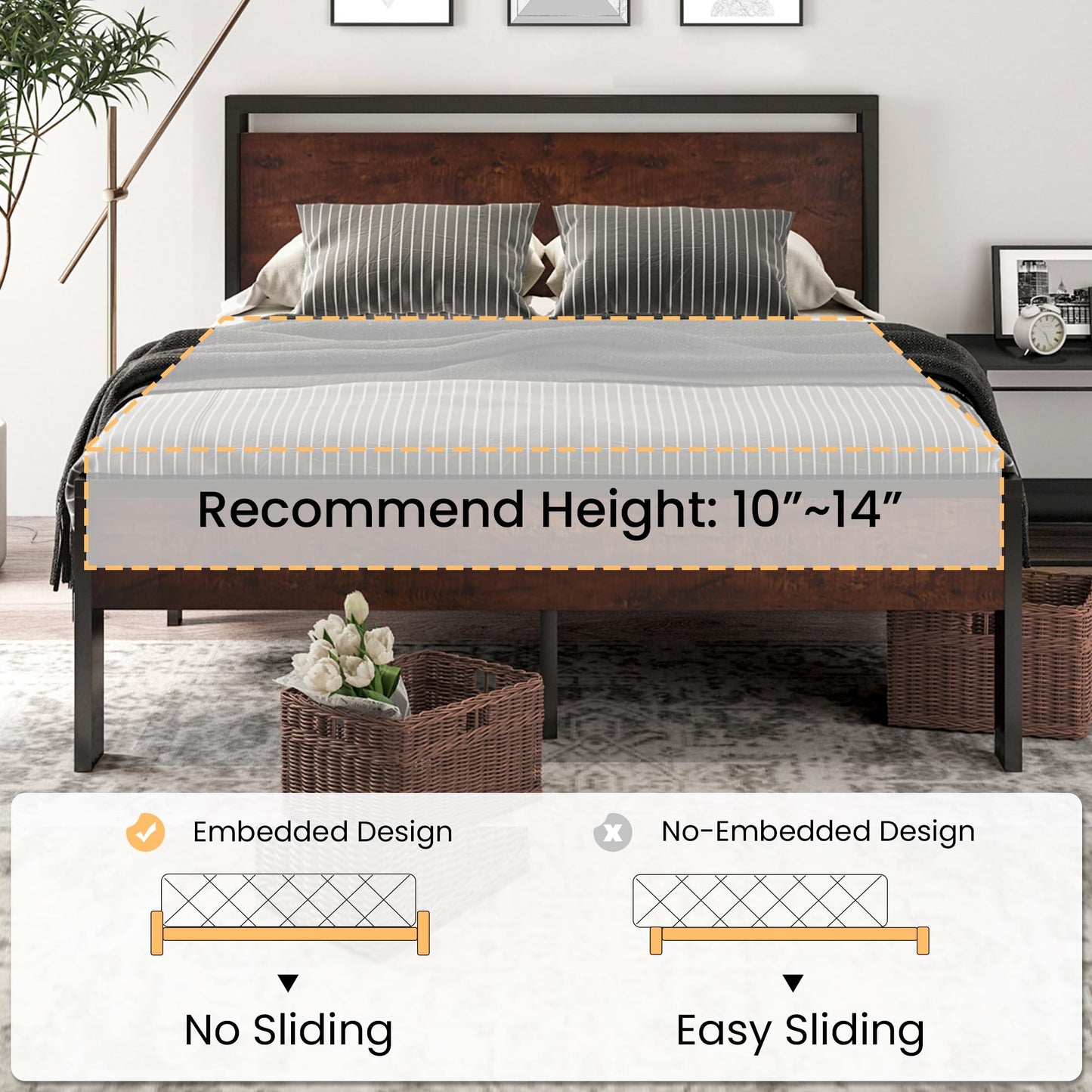 SHA CERLIN 14 Inch Queen Size Metal Platform Bed Frame with Wooden Headboard and Footboard, Mattress Foundation, No Box Spring Needed, Large Under Bed Storage, Non-Slip Without Noise, Mahogany