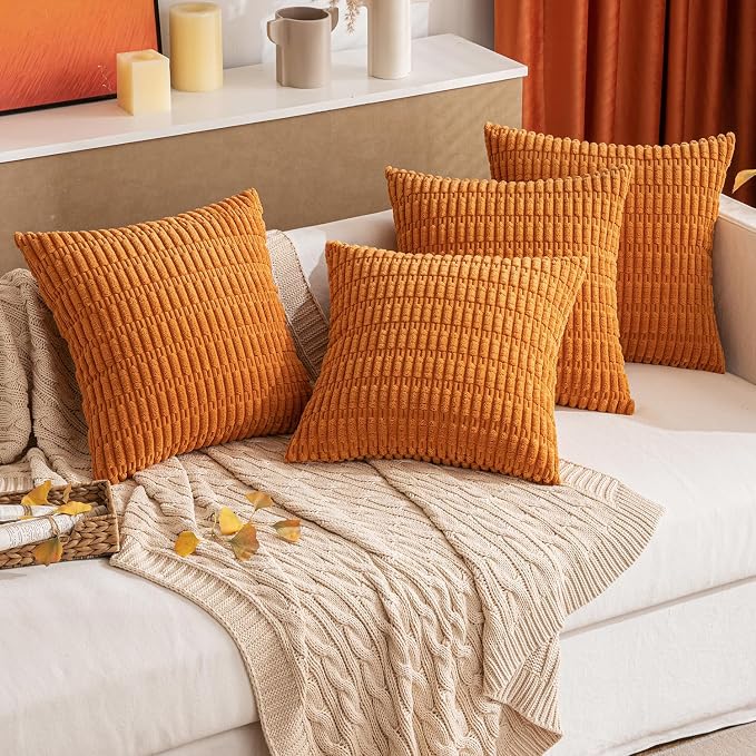 MIULEE Pack of 2 Burnt Orange Corduroy Decorative Pillow Covers 18x18 Inch Soft Boho Striped Throw Pillow Covers Modern Farmhouse Home Decor for Summer Sofa Living Room Couch Bed