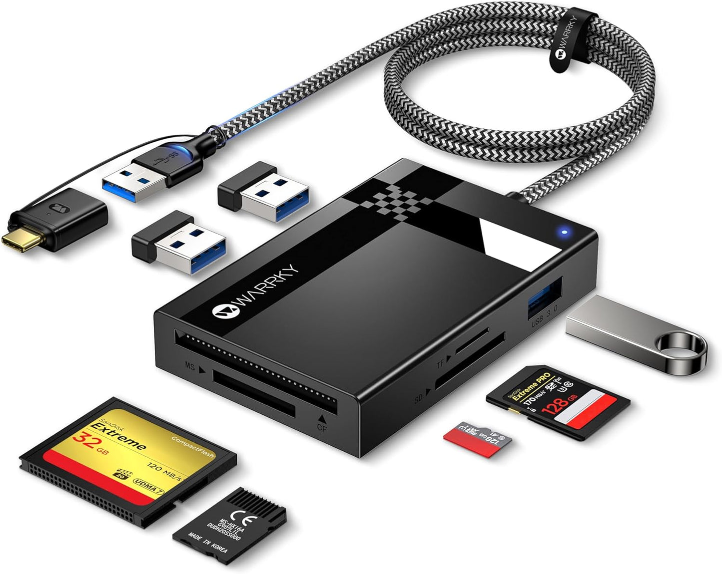 Warrky 7 1, USB3.0/USB 2.5FT 17, SD Card Reader in [Dual Connector C, Nylon Cable] Memory Camera Card Adapter Hub