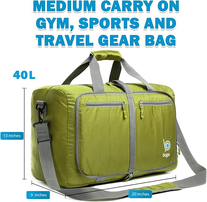 Bago Foldable Duffel Bags for Traveling Women & Men - 40L Sports Packable Duffle Bag for Travel with Shoe Compartment - Water Repellant, Heavy Duty, Lightweight Folding & Collapsible (Green)